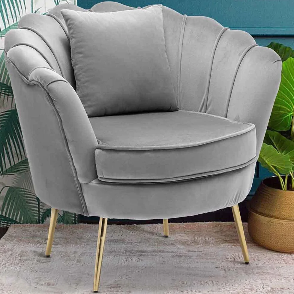 BAKAJI Armchair Relaxing Chair Cover Velvet Fabric Metal Legs Colour Gold Padded Modern Design Quilted Large Shell Backrest Size 8 x 77 x 84 cm (Grey)