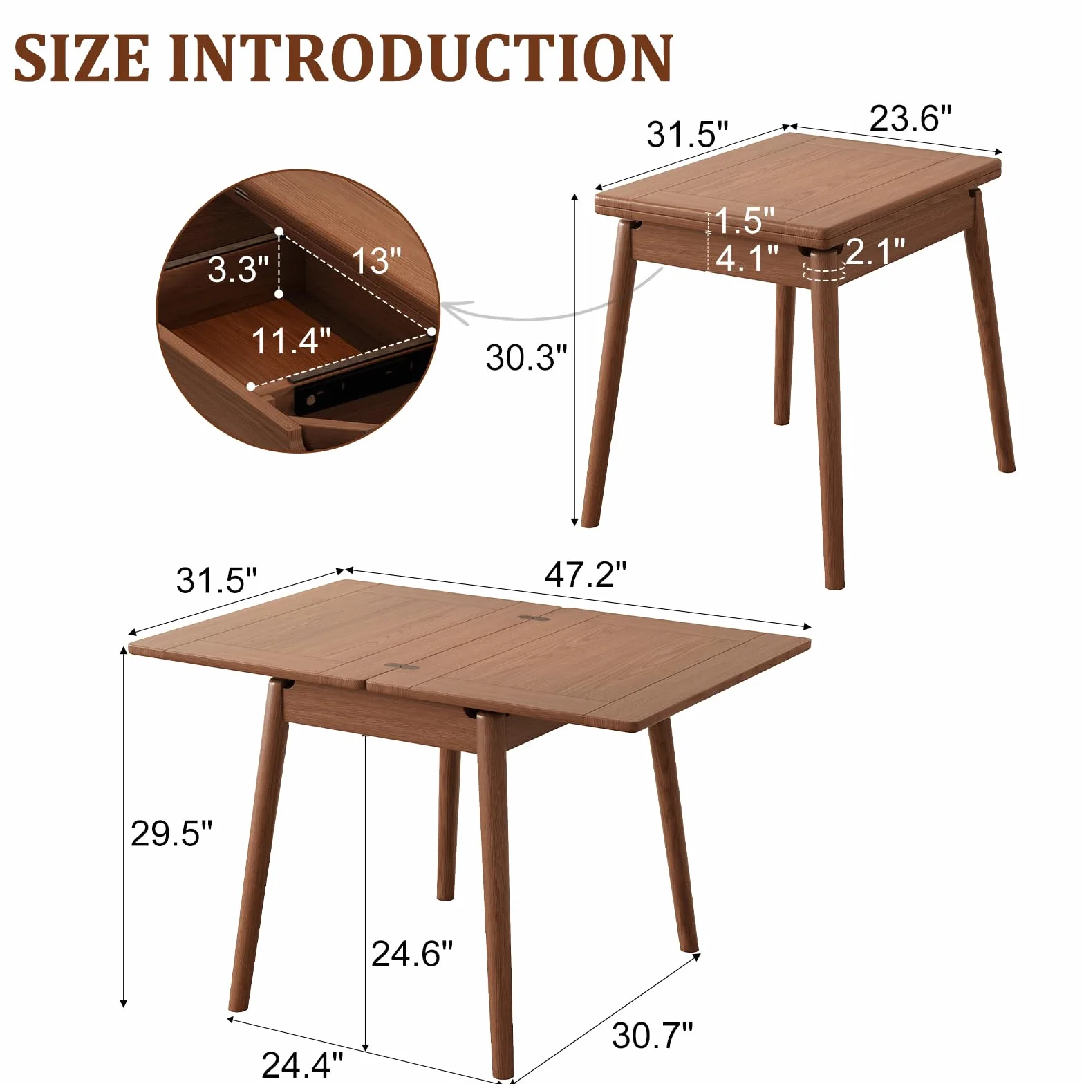 Solid Wood Small Dining Table for 2-6, 23.6"L-47.2"L Expandable Kitchen Table, Designed for Small Spaces, Easy Assembly, Suitable for Kitchen, Dining Room, Living Room, Apartment (Walnut)