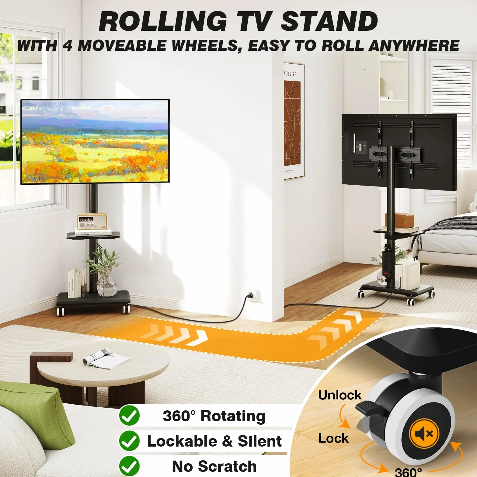 5Rcom Rolling TV Stand with Power Outlet for 32-60 inch TVs | Swivel Height Adjustable TV Cart with Power Outlet & Shelf, Holds 88lbs, Black for Bedroom Living Room Office