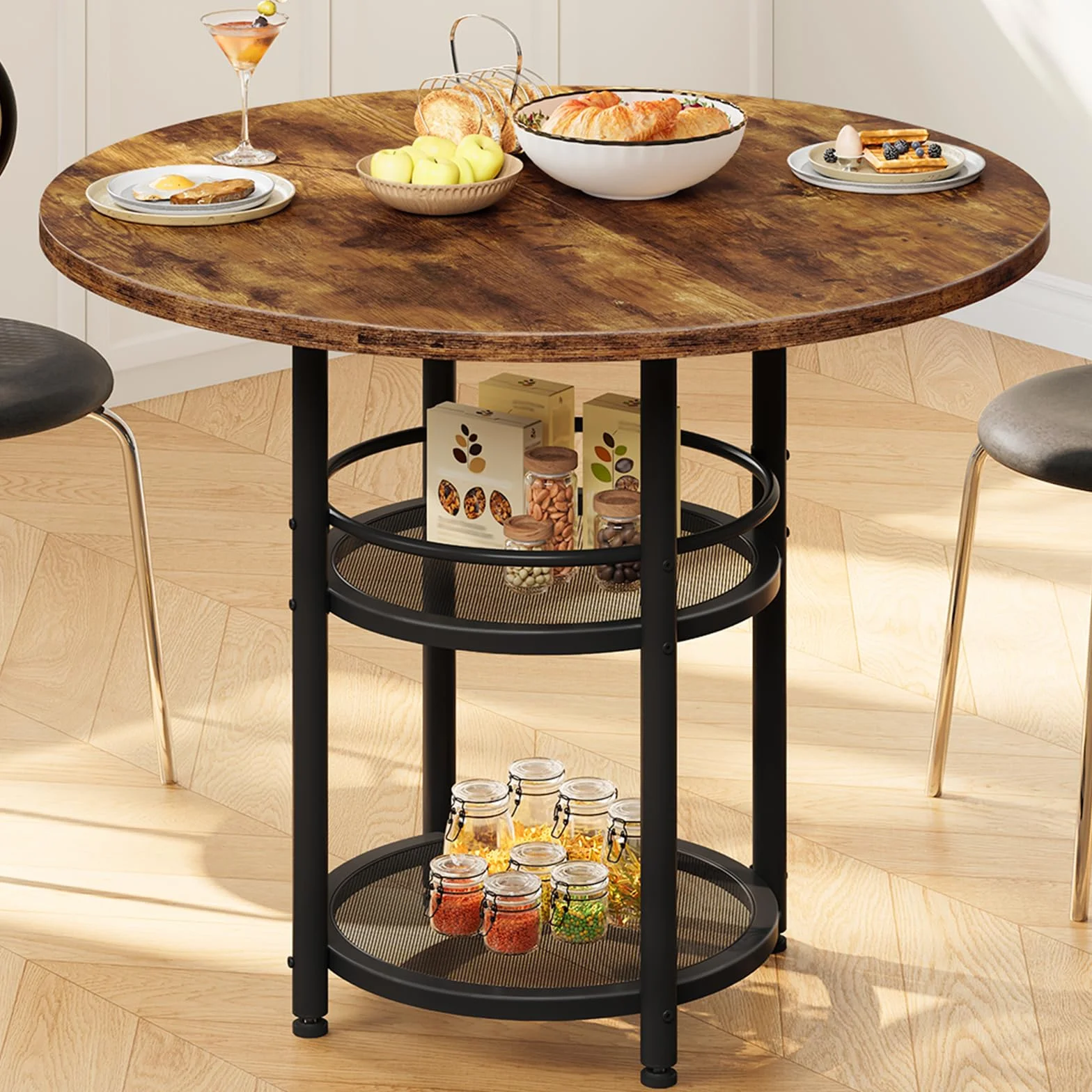 HOOBRO Dining Table, Round Dining Table for 2, 31.5" Kitchen Table for Small Spaces, Farmhouse Small Dining Room Table, 2-Tier Storage, Easy to Assemble, for Living Room, Rustic Brown BF19CZ01