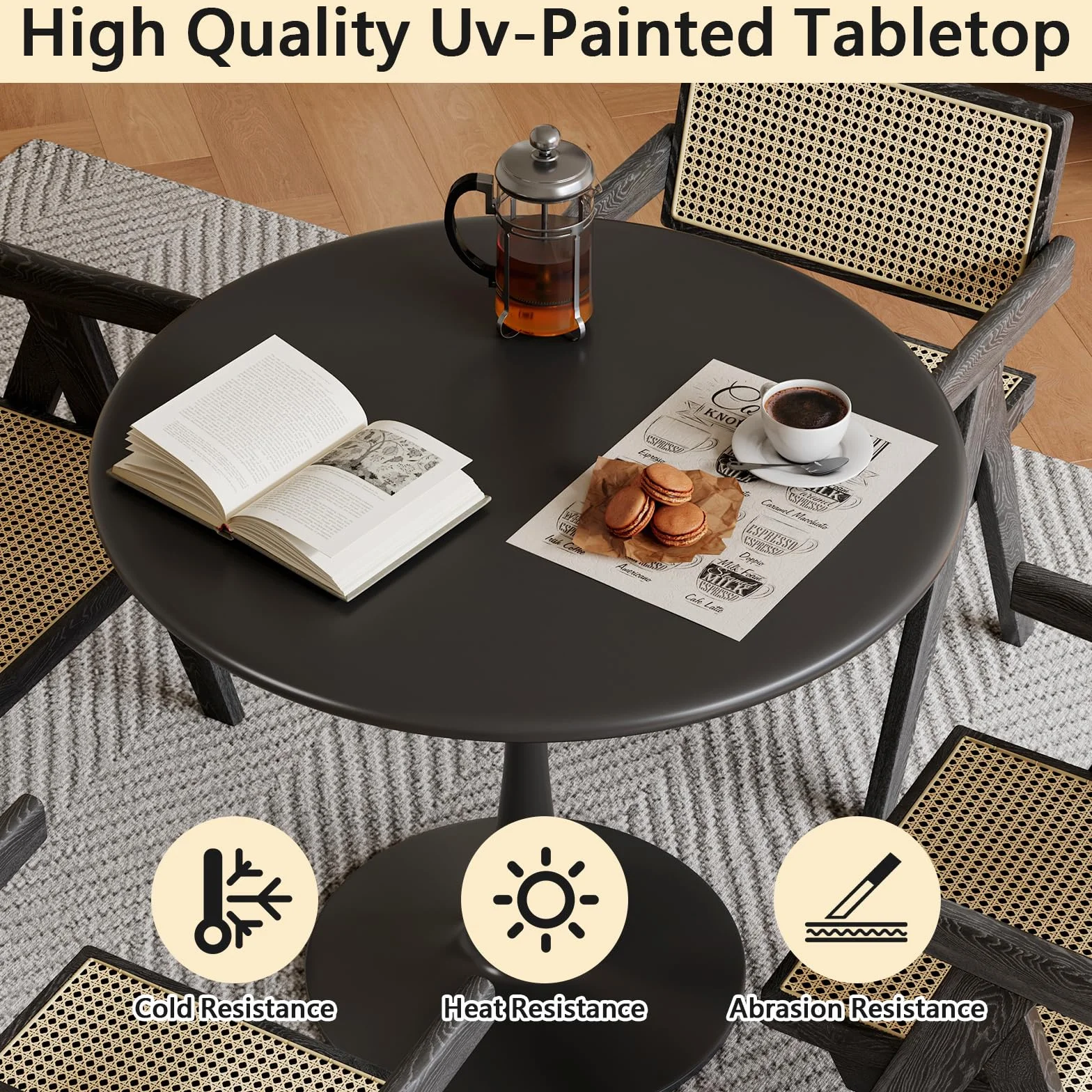 Black Small Tulip Table, 24 Inch Round Dining Table for 2 Person with Pedestal Base for Kitchen, Circle Bistro Table, Mid Century Modern Cafe Tables for Small Spaces in Living Room, Office, Pub, Bar