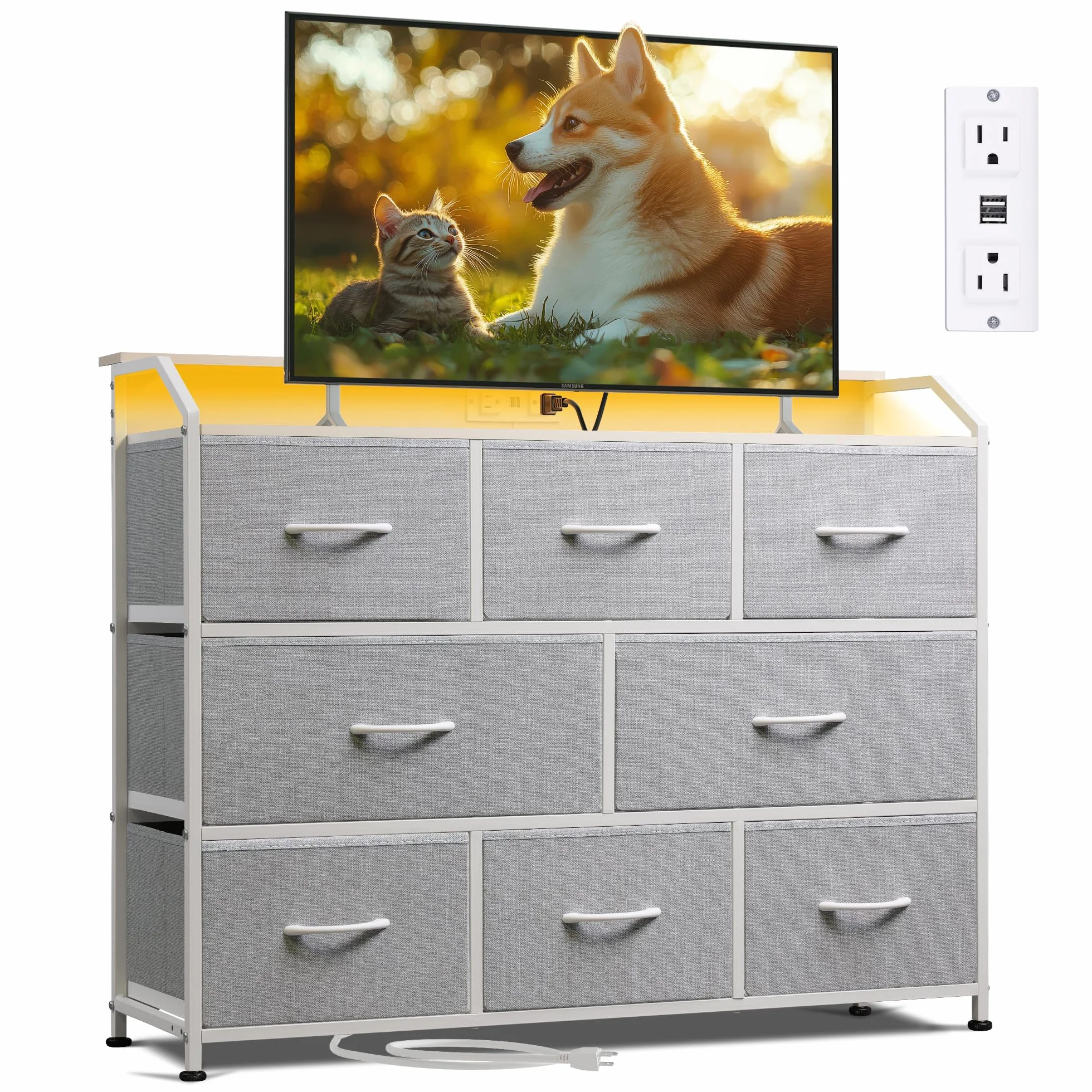 WLIVE Dresser for Bedroom, 8 Drawer LED Dresser with Outlet, Light Grey | 8 roomy fabric drawers, LED ambient lighting, Built-in power outlet, Bedroom or living room, Chest of drawers