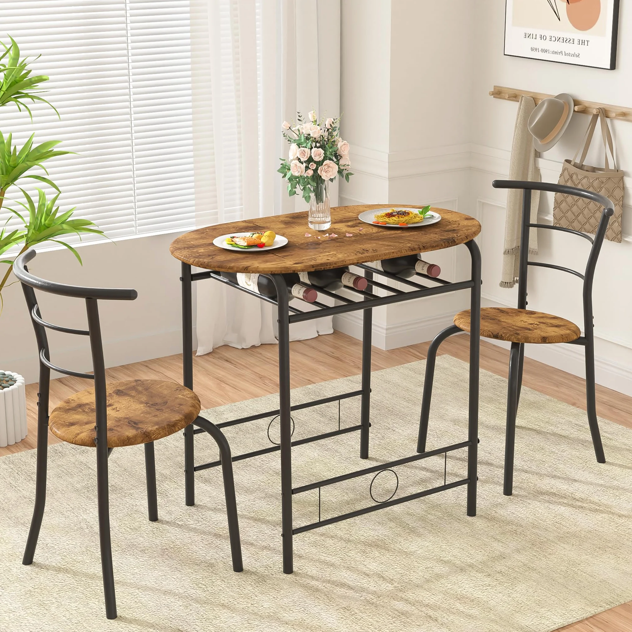 VECELO 3-Piece Dining Table Set for Kitchen Breakfast Nook, Wood Grain Oval Tabletop and Metal Frame with Built-in Wine Rack, for Small Spaces, 31.5", Antique & Black