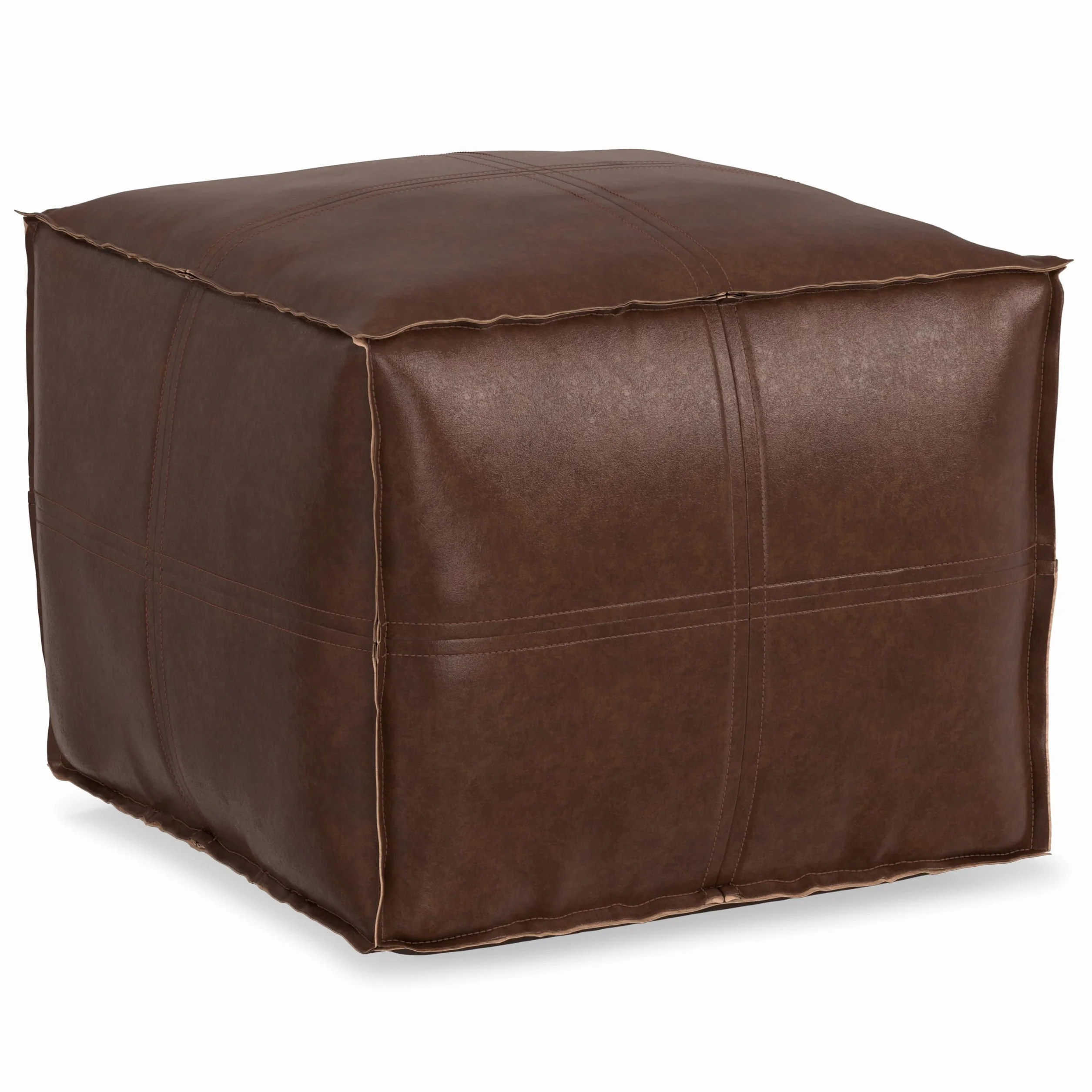 SIMPLIHOME Brody 24" Wide Pouf in Distressed Camel Brown Faux Leather