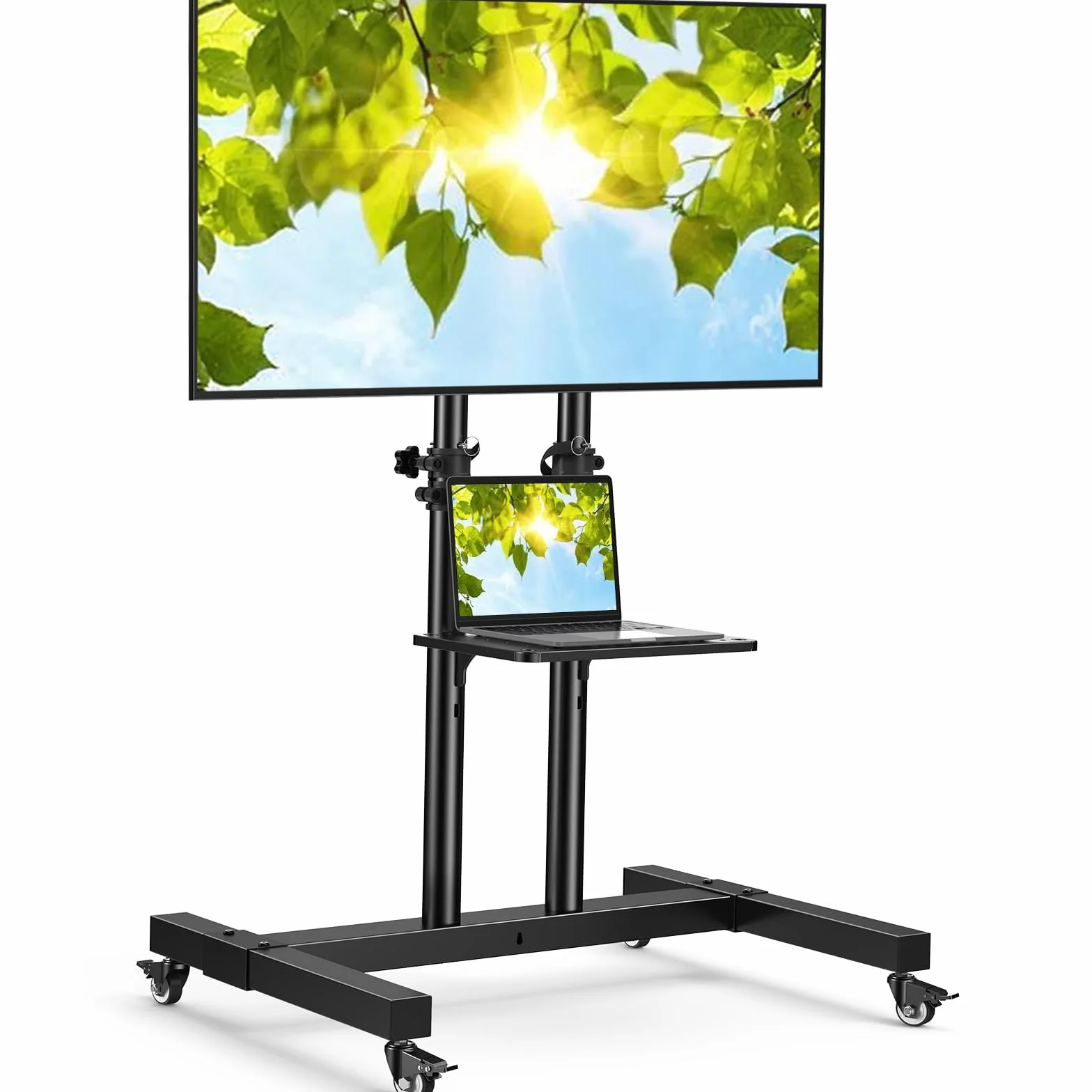 PERLESMITH Rolling TV Stand on Wheels for 32-83 Inch Screens up to 110lbs, Mobile TV Cart Height Adjustable Portable Outdoor TV Stand Tilt Rolling TV Cart with Shelf Max VESA 600x400mm PSTVMC03