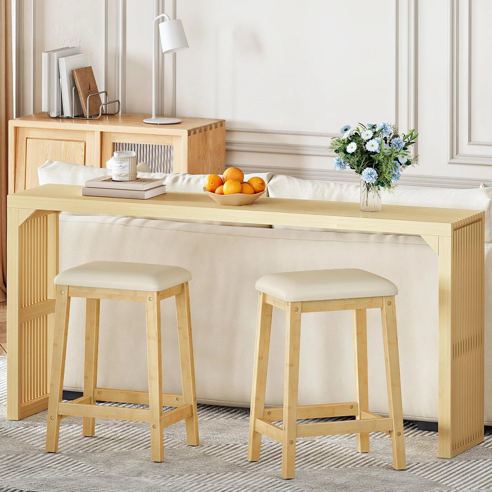 HOOBRO Bar Stools, Set of 2 Bar Chairs, Counter Height Bar Stools, PU Upholstered Kitchen Stools, 24 Inch Bamboo Saddle Stools with Footrests, for Kitchen, Dining Room, Bar, Beige and Natural YE04MD01