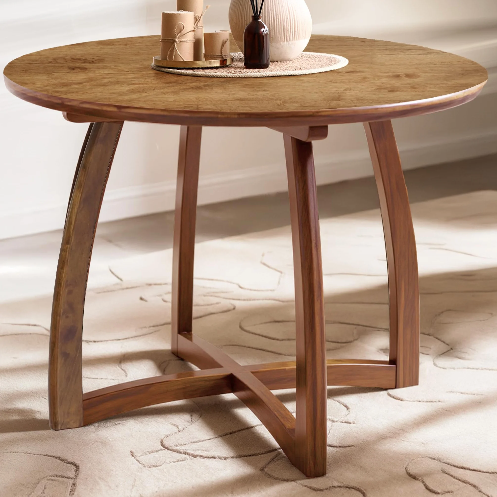 Acacia Alma 36 Inches Round Dining Table for 4, Solid Rubber Wood, Mid-Century Modern Kitchen & Dining Room Tables, Space-Saving for Living Room, Wooden Waterproof Thickened Tabletop, Natural
