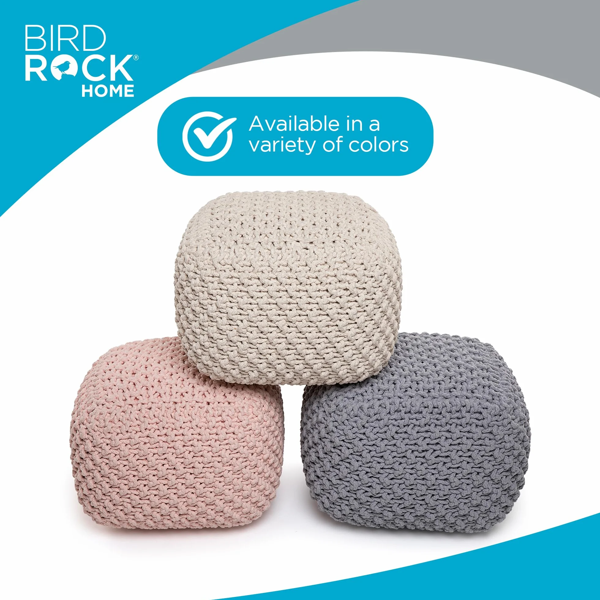BIRDROCK HOME Square Pouf Ottoman - Cotton Braided Foot Stool with Bean Bag Filling - Compact and Comfortable Seating, Lightweight and Sturdy Boho Foot Rest for Living Room or Bedroom (Natural)