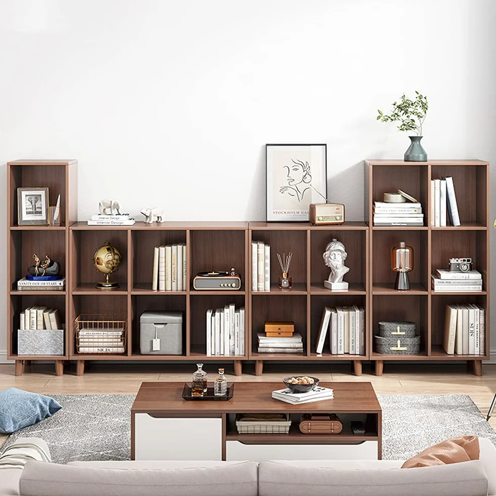 IOTXY Open Cubes Low Bookcase - 2-Tier 4-Cube Short Bookshelf in Walnut | Nordic Minimalist Style, MDF Material, Solid Wood Legs, Deep Storage Cubes, Free Standing Wooden Cabinet Organizer Unit