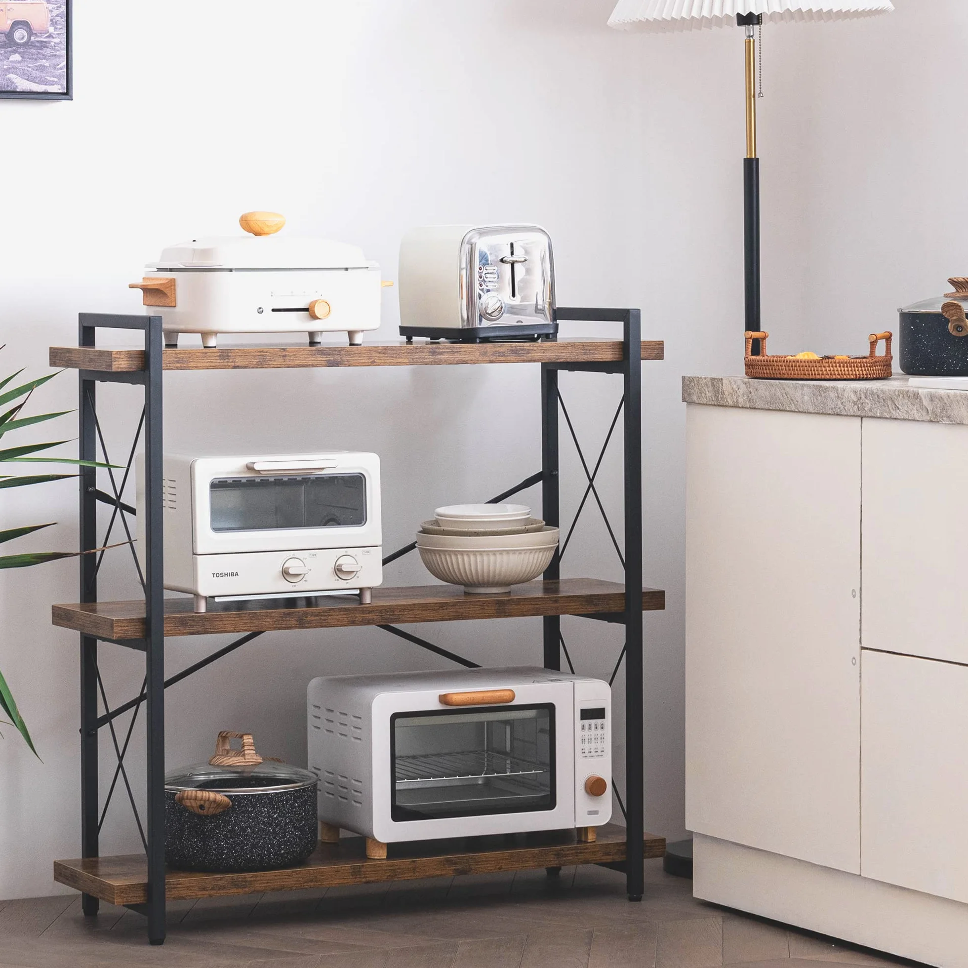HCHQHS 3-Tier Industrial Bookshelf, 35" W x 12" D x 35" H | 1.2" Shelf Thickness, 14.17" Shelf Height, Wood and Metal, Horizontal, Rustic Brown, for Office Living Room Bedroom