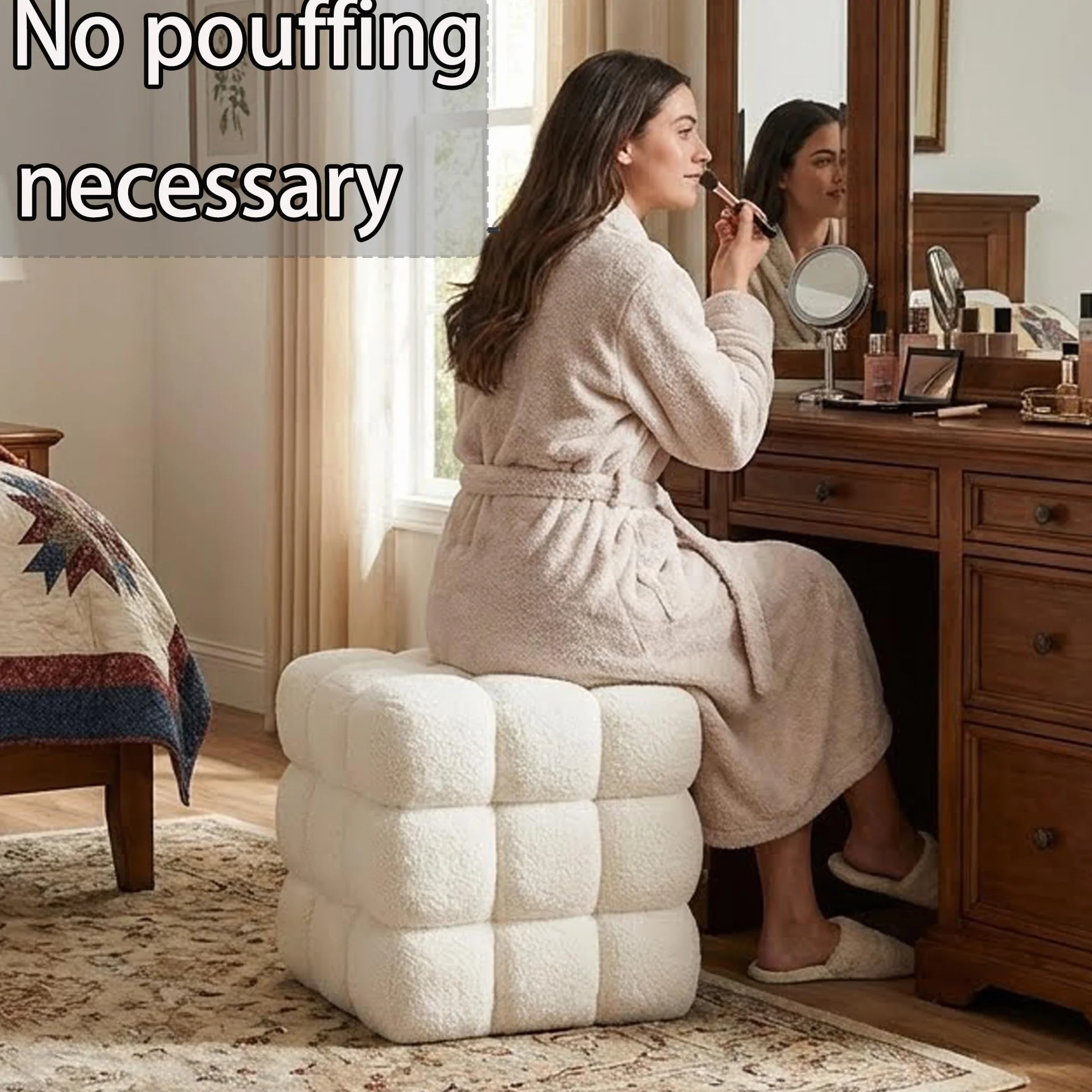 White Sherpa Square Ottoman - 17.3" Large Boucle Cube Pouf with Sturdy Wood Frame, 330lbs Capacity Modern Fuzzy Vanity Stool & Footrest for Living Room, Bedroom - Fully Assembled