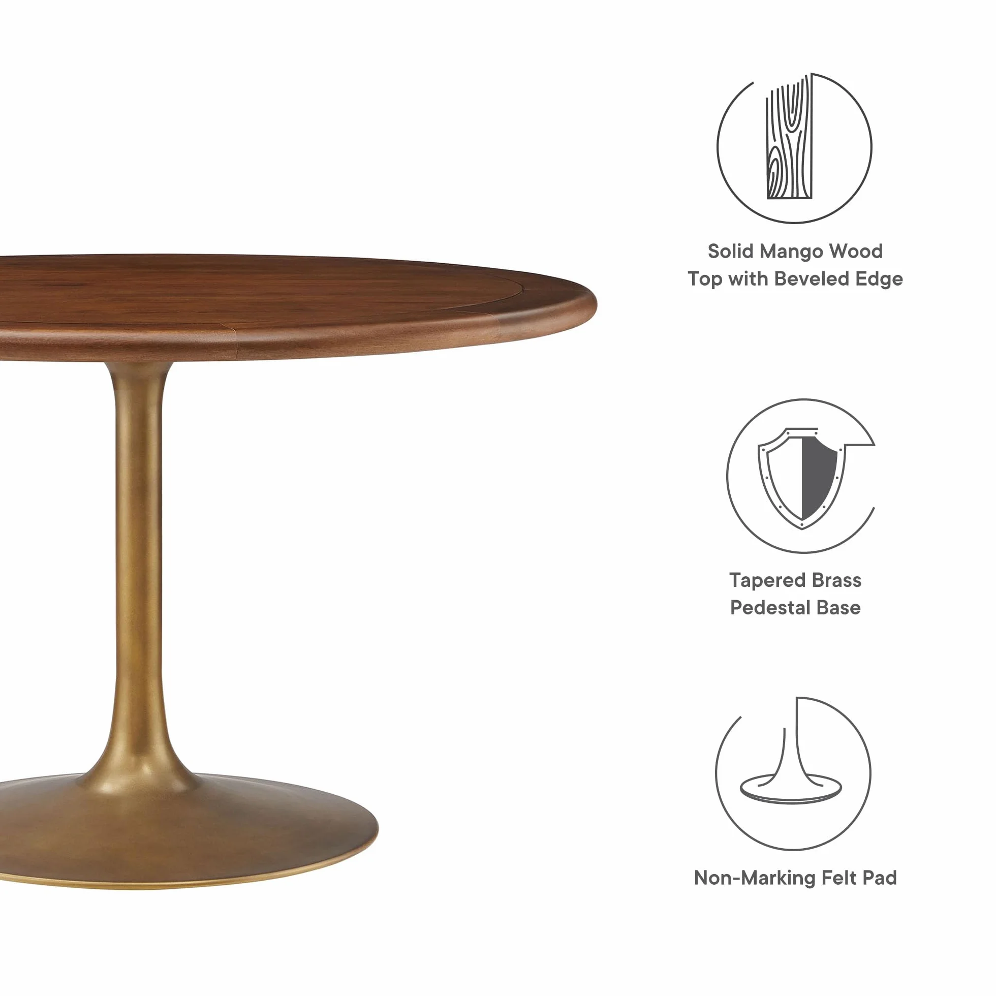 Modway Lippa 48 Inch Round Wood Dining Table with Metal Pedestal in Brass Walnut - Modern Industrial Dining Table for 4 People - Solid Wood Tulip Kitchen Table