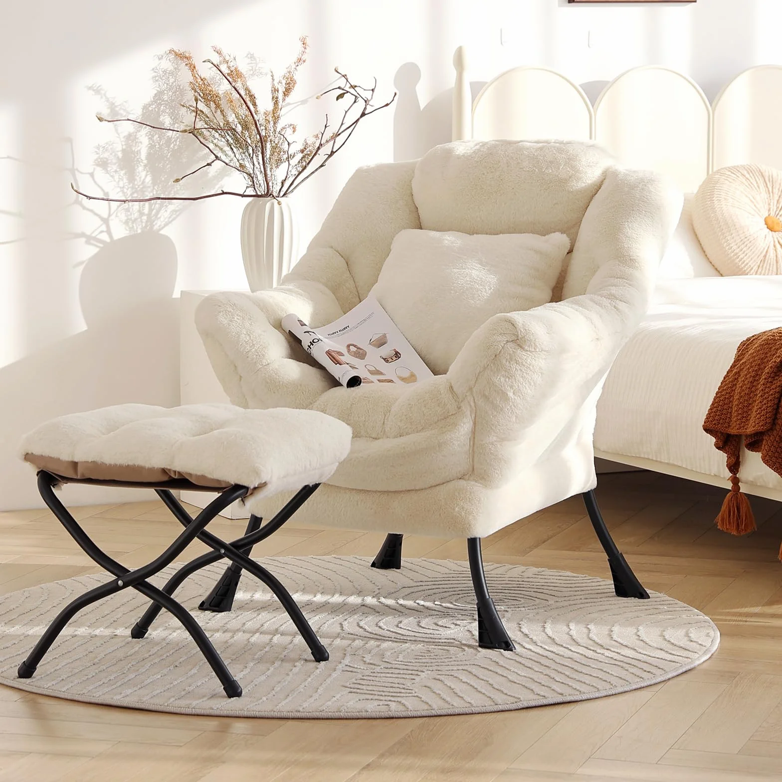 Lazy Chair with Ottoman, Plush Reading Chair with Pillow, Lvory | Removable machine-washable cover; includes an extra throw pillow; cozy accent chair for living room, bedroom, dorm or office