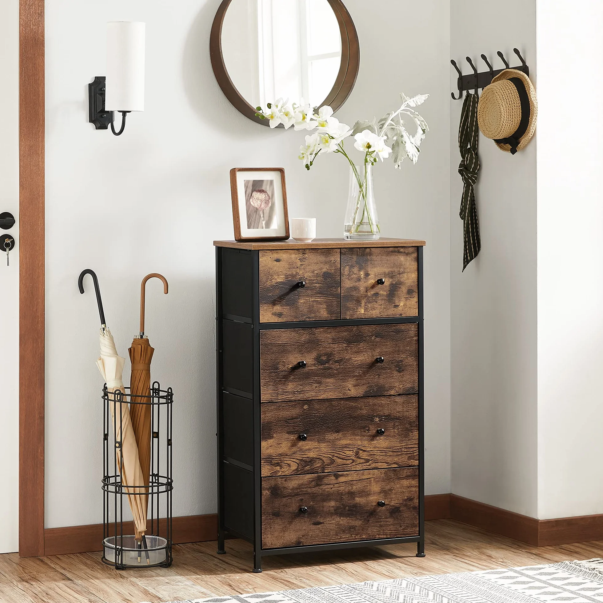 SONGMICS Drawer Dresser, Storage Dresser Tower with 5 Fabric Drawers, Wooden Front and Top, Industrial Style Dresser Unit, for Living Room, Hallway, Nursery, Brown and Black ULGS45H