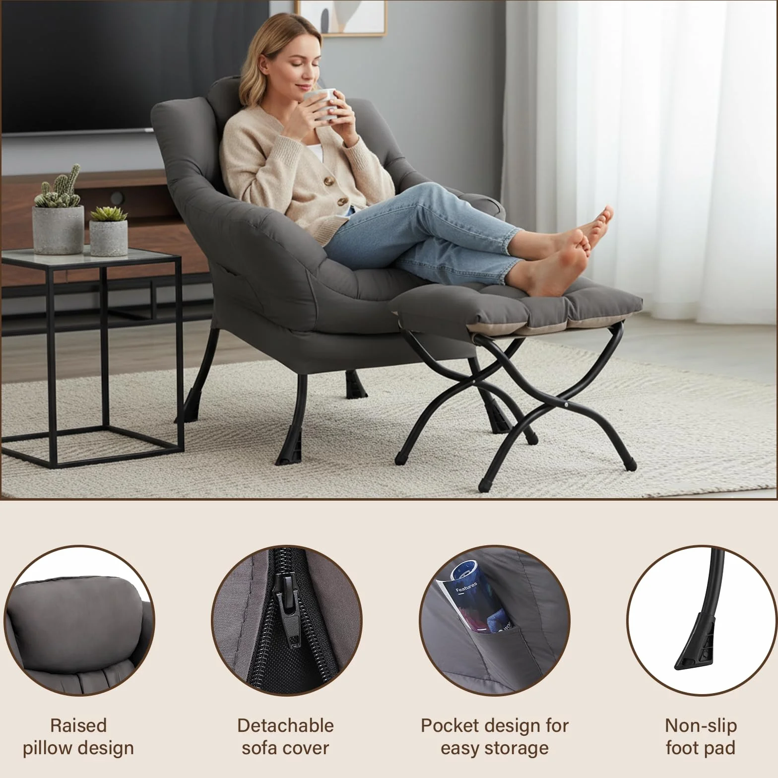 Welnow Lazy Chair with Ottoman, Reading Chair with Footrest,Dark Grey | A Side Pocket,Armrests,Foldable Footrest,Thick Cushioned Seat & Backrest, Lounge Chair for Bedroom,Living Room & Small Space