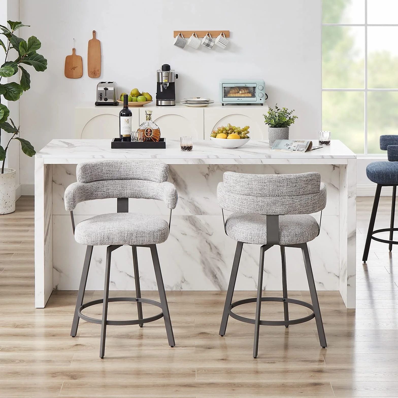 Counter Height Bar Stools with Full Back – Swivel Counter Stools Set of 2 with Linen Padded Back, Metal Footrest, Modern Barstools for Kitchen Counter, Island, Dining Room, Grey 24 inch