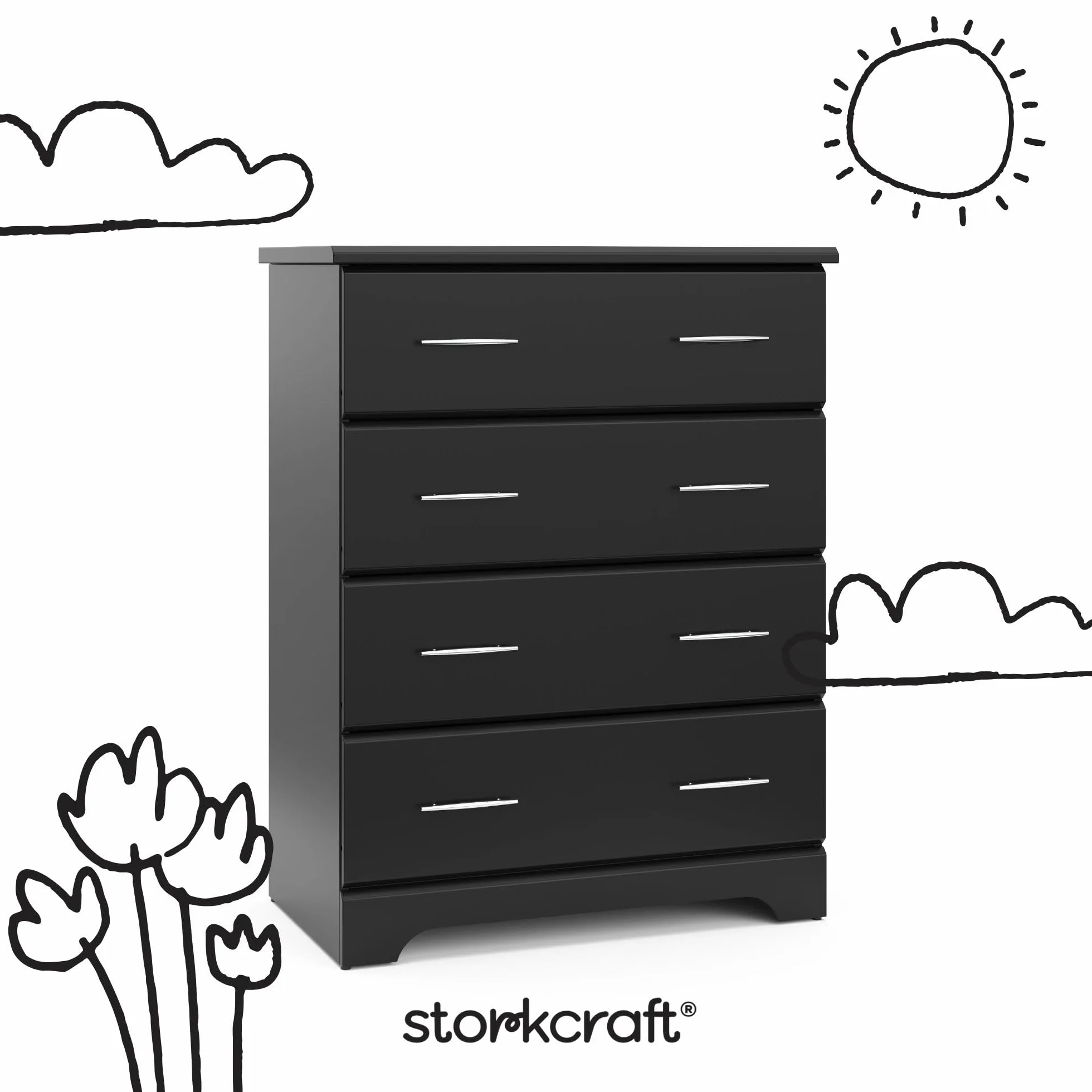 Storkcraft Brookside 4 Drawer Dresser, Black | GREENGUARD Gold Certified, Nursery Dresser for Kids Bedroom, Chest of Drawers