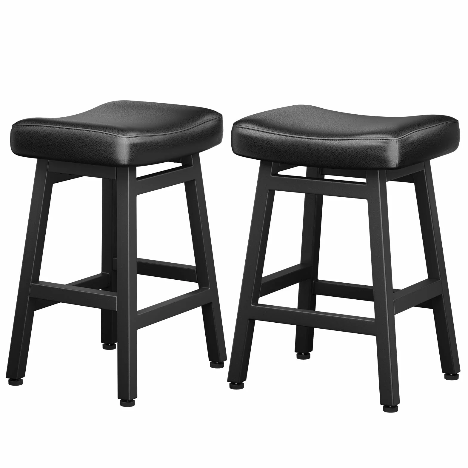 Raynesys 24 Inche Bonded Leather Counter Height Bar Stools Set of 2 Curved | Barstools with Curved Bonded Leather Seats & Heavy Duty Metal Legs for Kitchen Counter, Easy Assembly, All Black