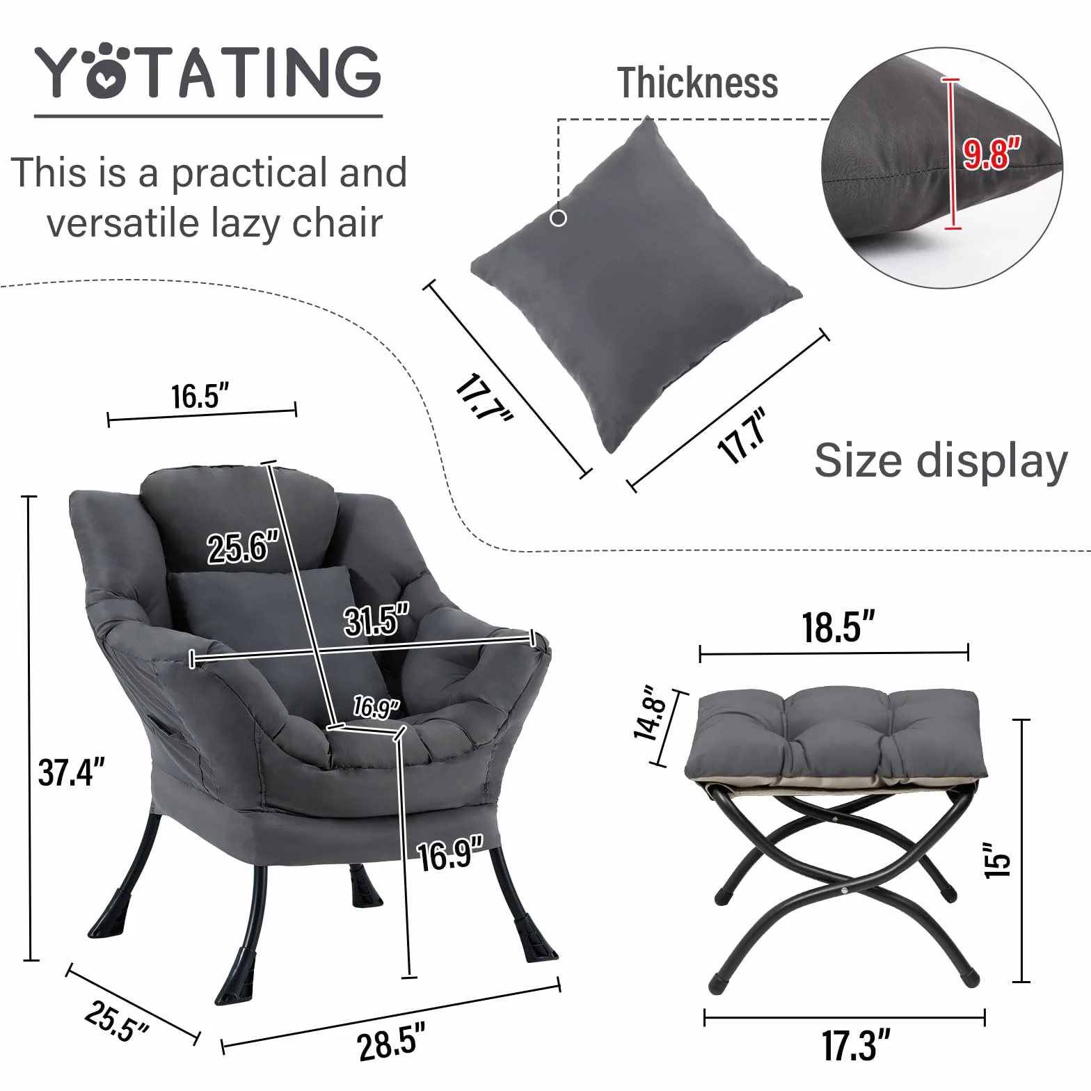 Lazy Chair with Ottoman, Comfy Reading Lounge Chair with Footstool & Throw Pillow Modern with Armrests & Side Pocket for Living Room, Bedroom, Dorm Room, Dark Grey