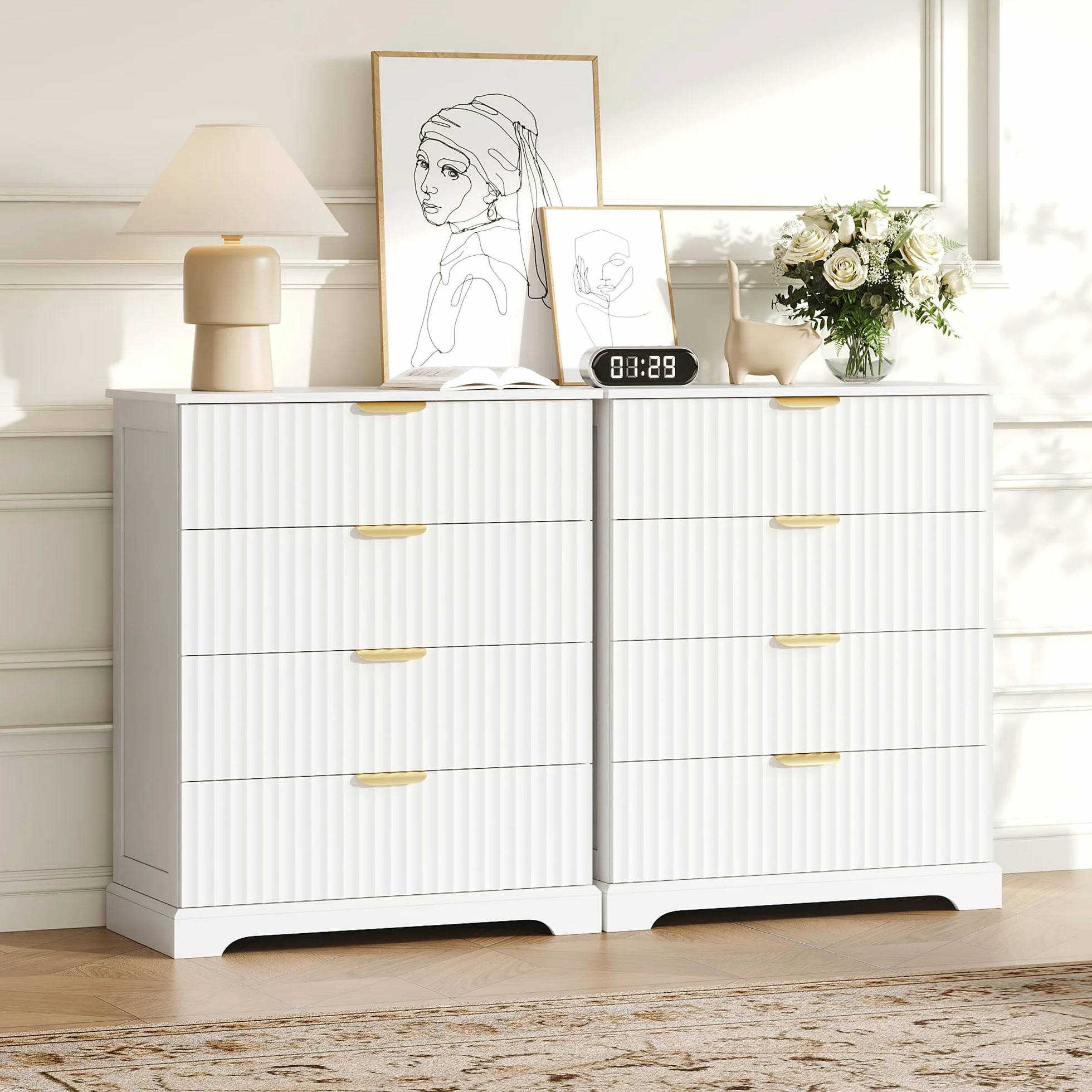 Wooden 4 Drawer Dresser for Bedroom, 36.6 in Tall Fluted Dresser with Metal Handles, Modern Chest of Drawers for Bedroom, Living Room, Entryway, White