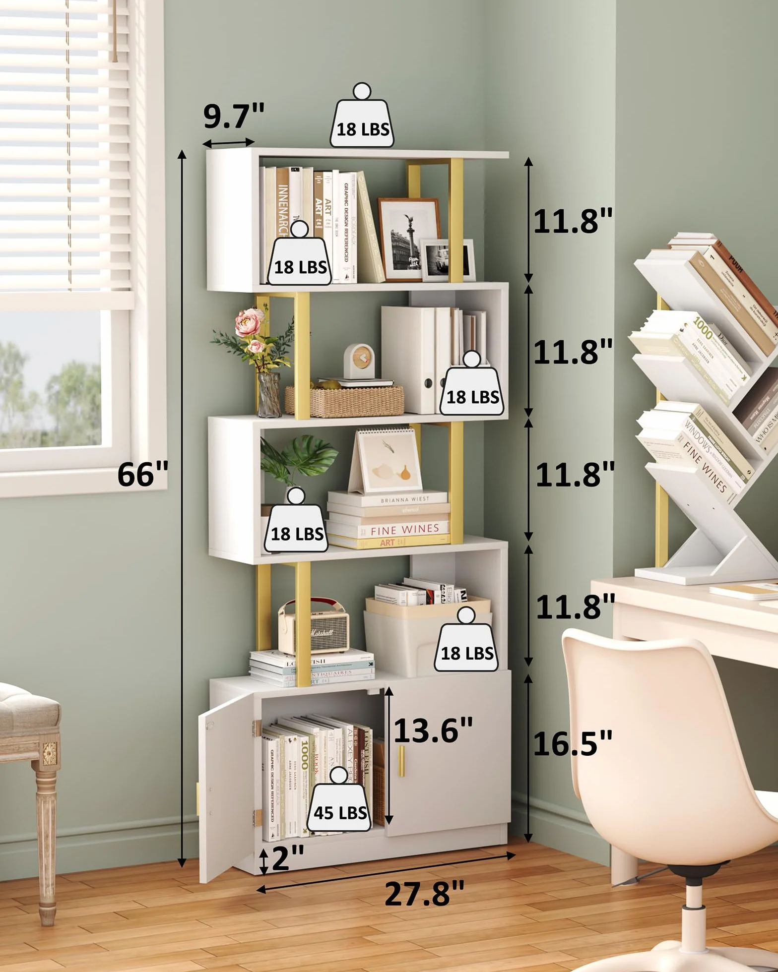 Yusong Geometric Bookcase with Cabinet, S Shaped Bookshelf 5-Tier Book Shelves for Bedroom, Modern Wood Decorative Display Shelf Tall Book Case for Home Office, Gold and White