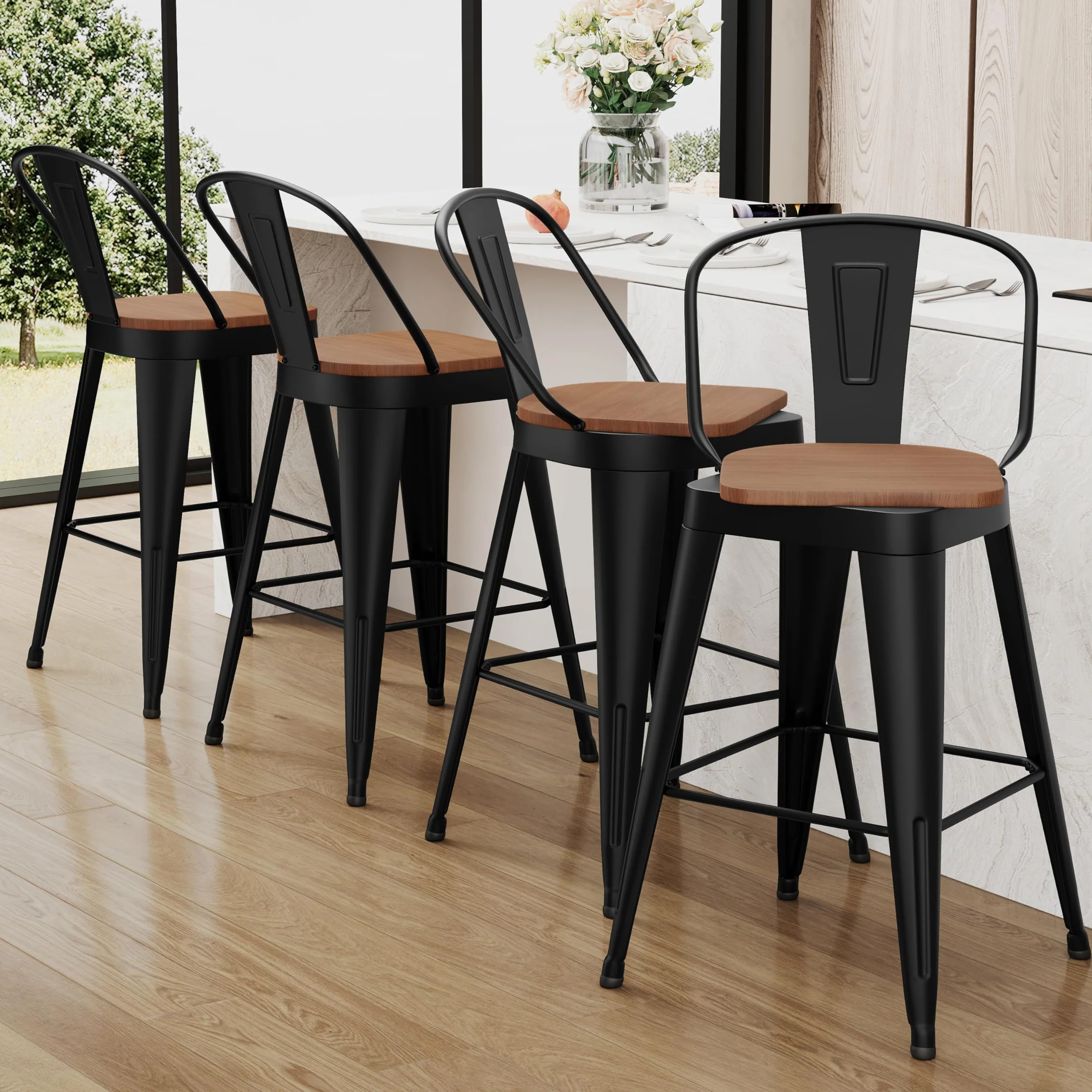 Aklaus Swivel Bar Stools 24 inch Swivel Metal Counter Height Barstools Set of 4 Modern Farmhouse Bar Chairs with High Backs and Large Wooden Seat for Kitchen Island Dining Room Matte Black