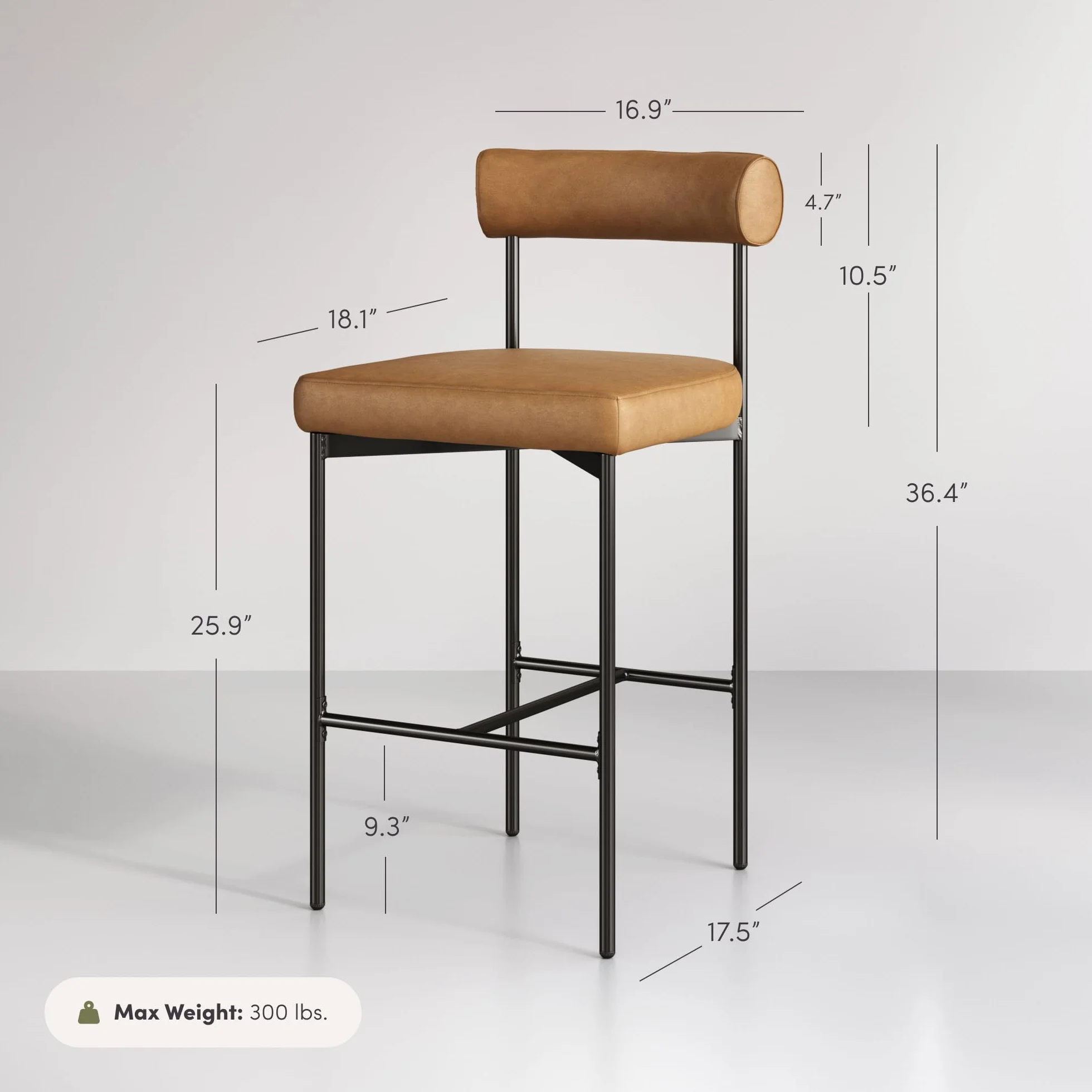 Nathan James Dahlia Counter Height Chair, Modern Barstool with Back, Mid-Century Metal Legs and Leather Padded Cushion for Kitchen, Island and Bars, Brown/Black