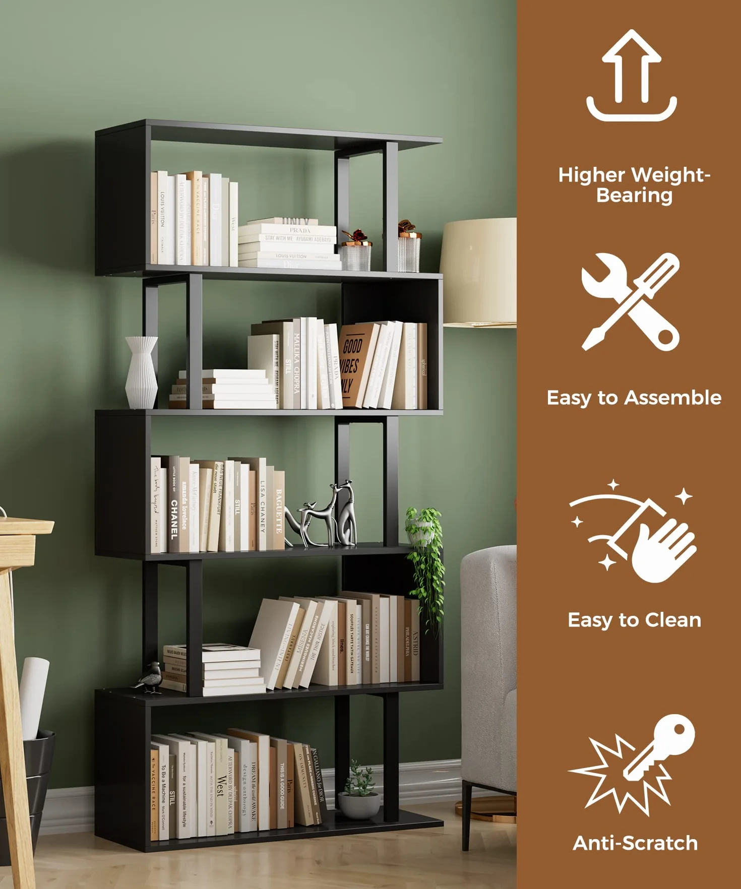 5-Tier Geometric Bookcase,S Shaped Bookshelf, Wood Decorative Storage Shelving, Modern Freestanding Display Shelves, Tall Book Shelf Unit for Living Room Bedroom, Black