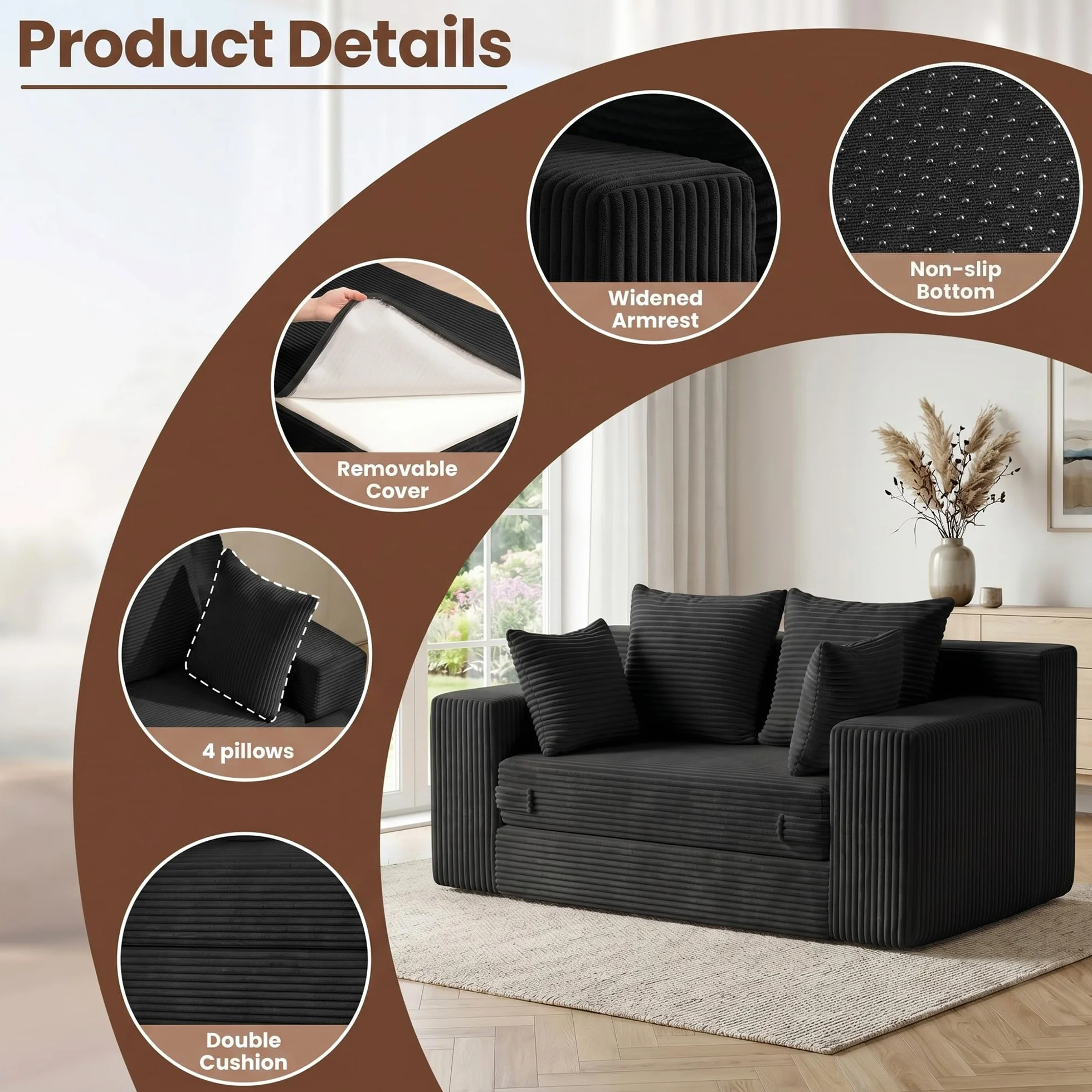 Boneless Mini Couch 53 Inch, 3-in-1 Black Boneless Couches Covertible Sofa Bed with 4 Pillows, Small Couches for Living Room, Bedroom, Small Space