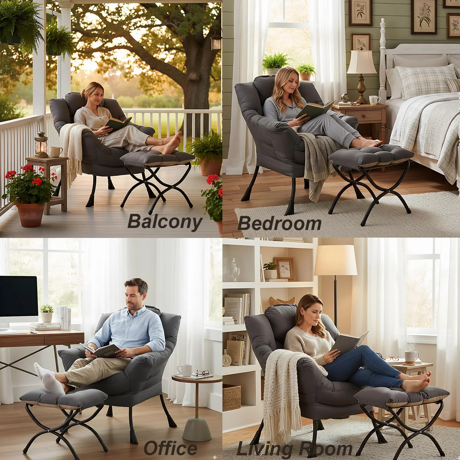 Lazy Chair with Ottoman, Comfy Accent Reading Chair, Dark Grey | Foldable Footrest,Removable Cover,with Armrests and Side Pockets,Upholstered Lounge Chair for Bedroom,Dorm,Office,Small Space