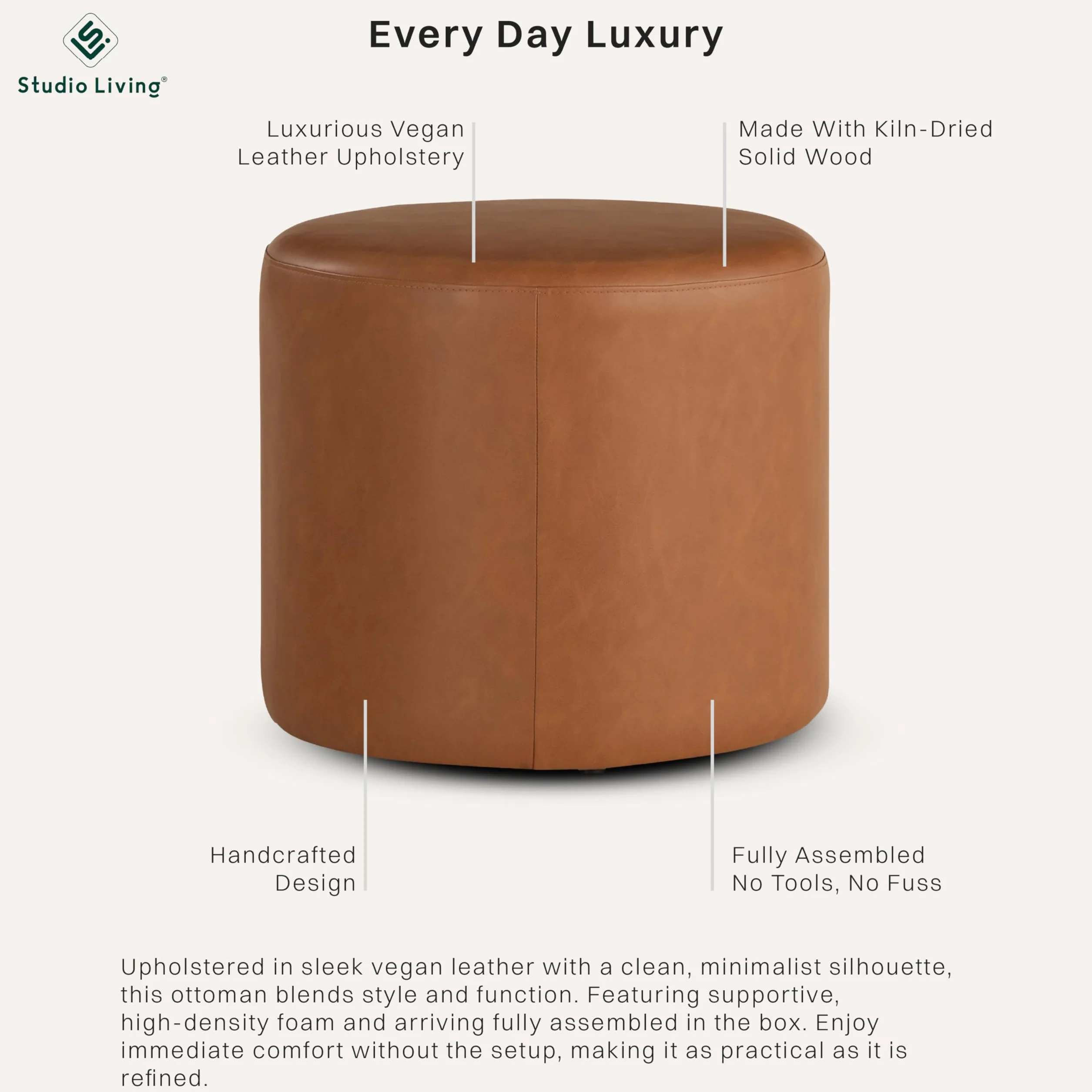 Lifestyle Solutions 19” Wentworth Ottoman Round Faux Leather Bench, Stationary Ottomans, Backless Chair, Footrest for Living Room, Footstool Office, Bedroom, Padded Seat, Caramel Brown