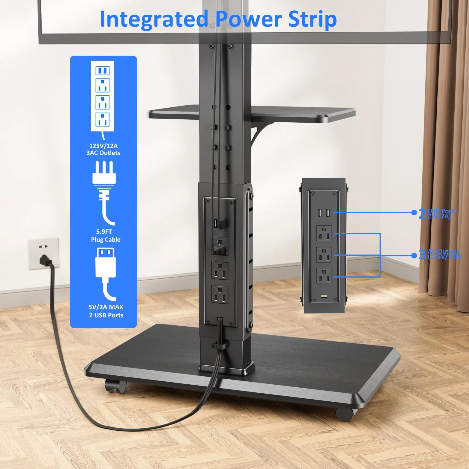Afaloona Rolling TV Stand with Power Outlet for 32-75" TV, Max Load 110 lbs | Mobile TV cart with 18 height adjustments, ±30° swivel, media shelf and Max VESA 600×400mm for living room office and outdoor