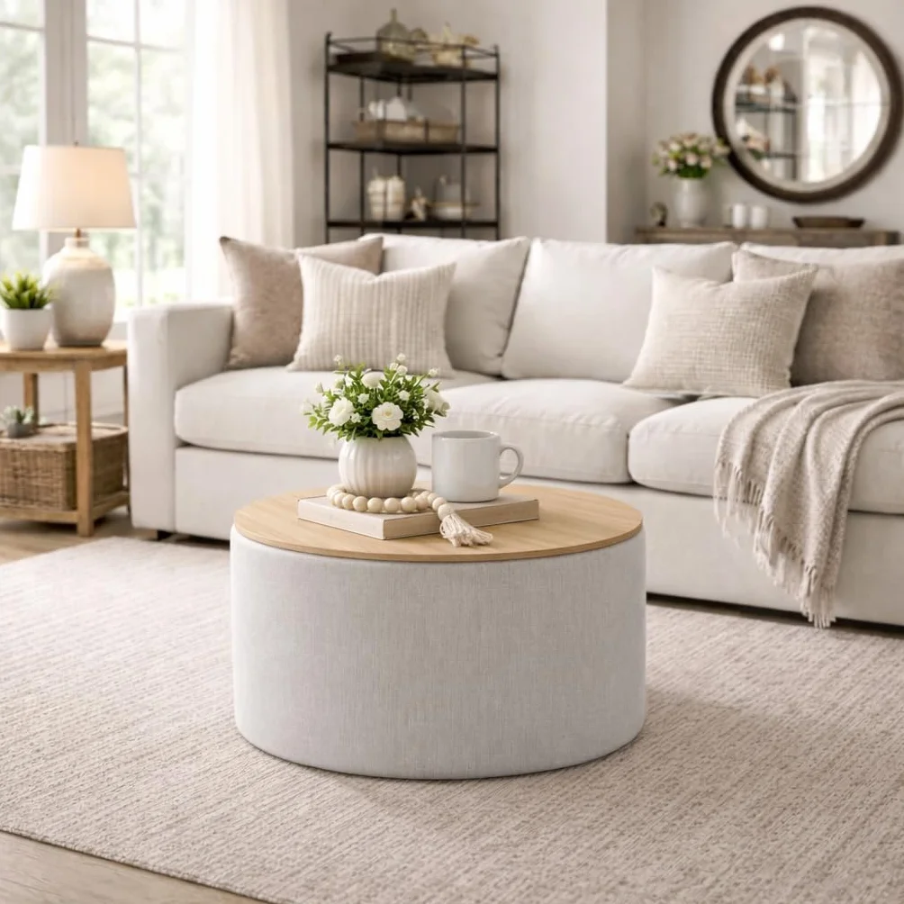 HomePop Storage Ottoman with Wood Grain Top - Light Gray Textured Woven