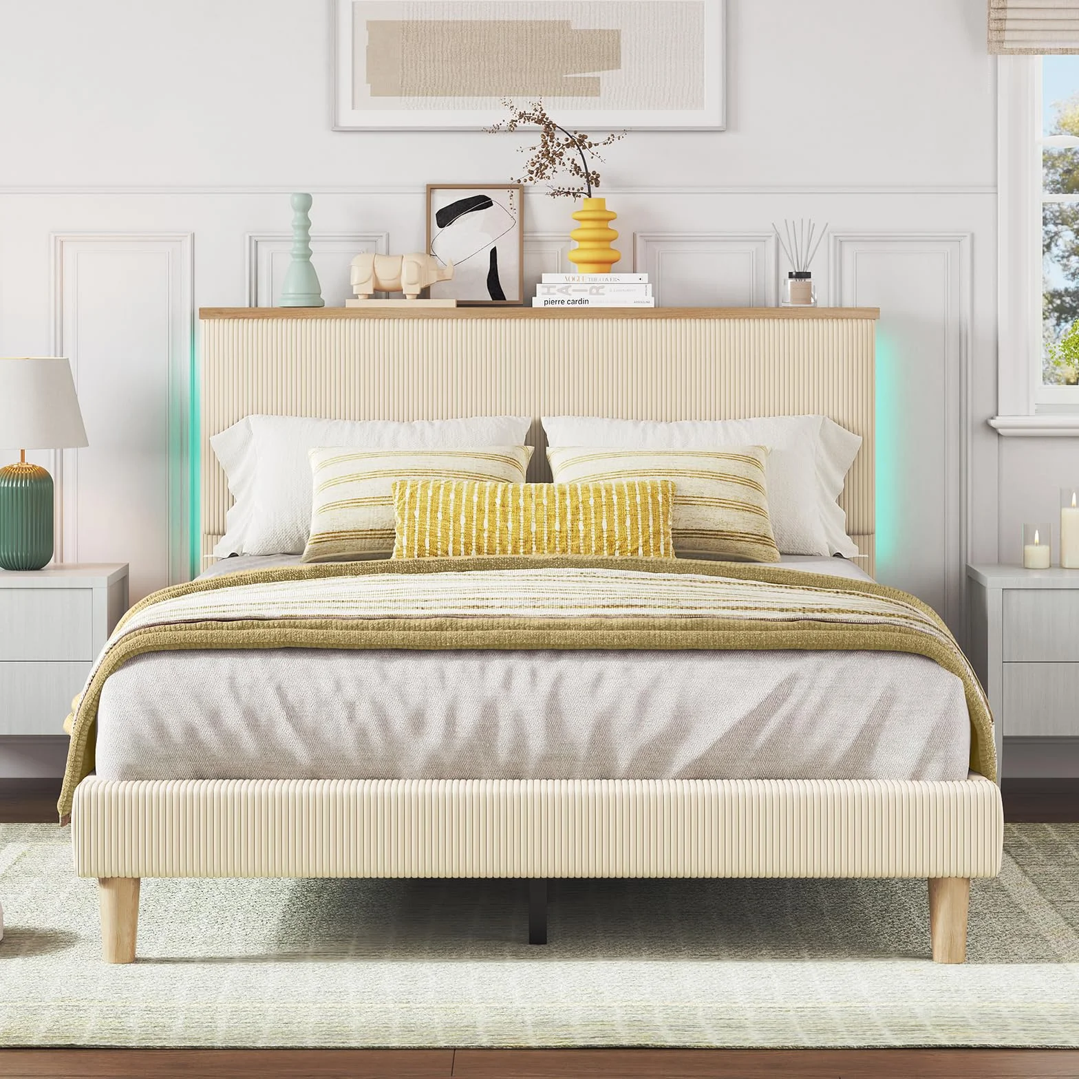 Bestier Queen Bed Frame with Storage Headboard & LED, Upholstered, Beige | Corduroy, Upholstered Platform, Storage Headboard Shelf, RGB LED Remote, Wood Slats, No Box Spring, Anti-Squeak, Easy Setup