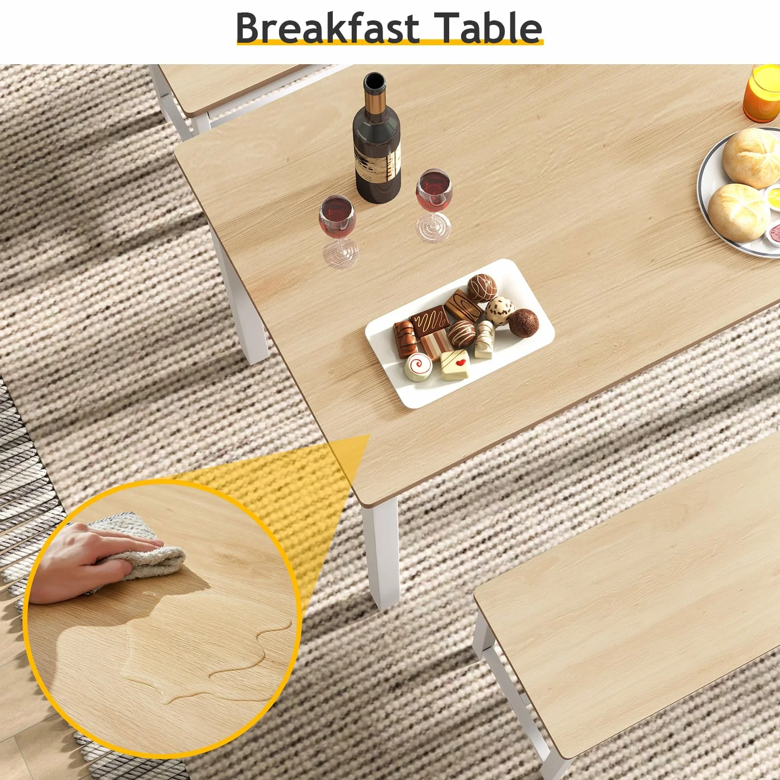 Rovibek 43" Dining Room Table Chairs Set for 4, Modern Space Saving Kitchen Table with 2 Benches & Adjustable Feet Breakfast Table, Wooden Industrial Style Farmhouse, White