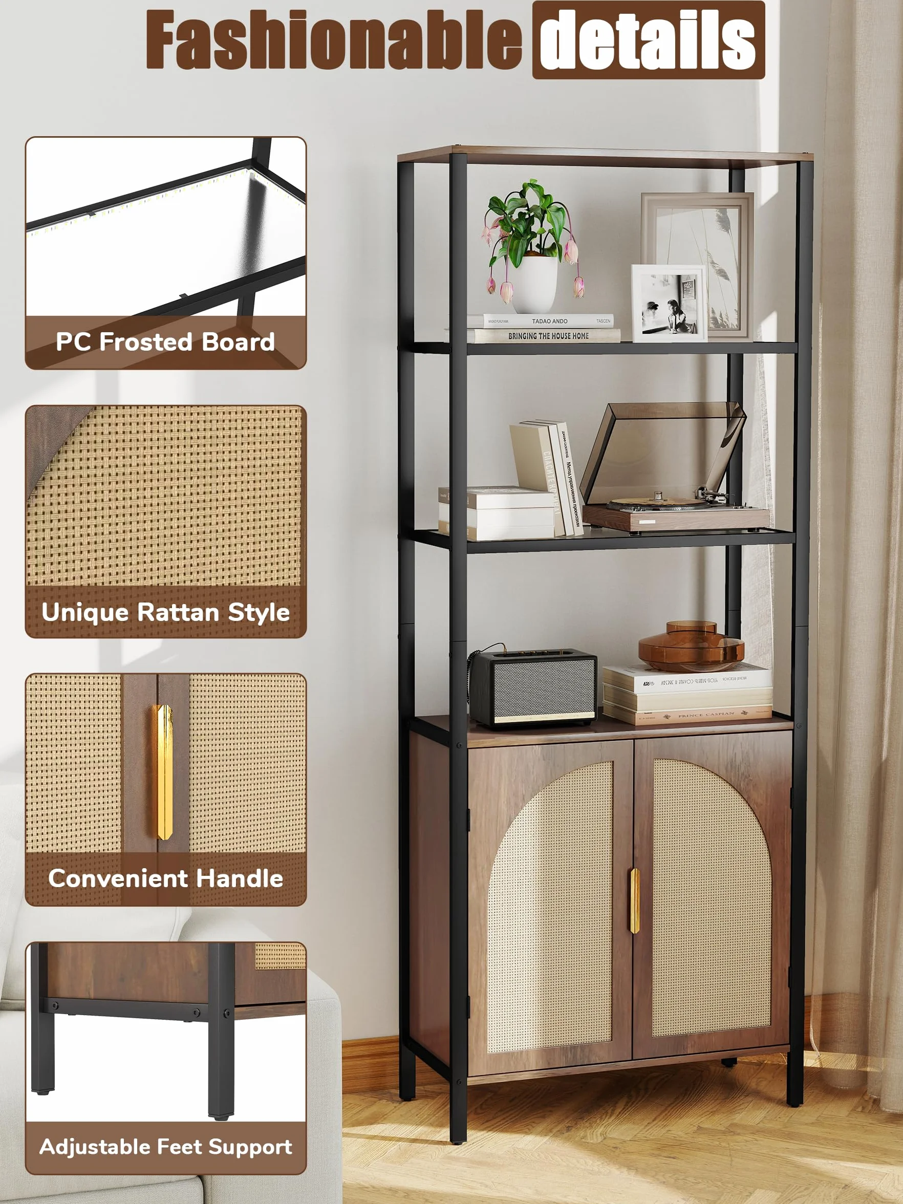71" Tall Rattan Bookcase with LED Light, 3 Open Shelves & 2 Door Storage Cabinet, Mid Century Boho Bookshelf, Open Display Bookcase for Living Room, Home Office, Bedroom