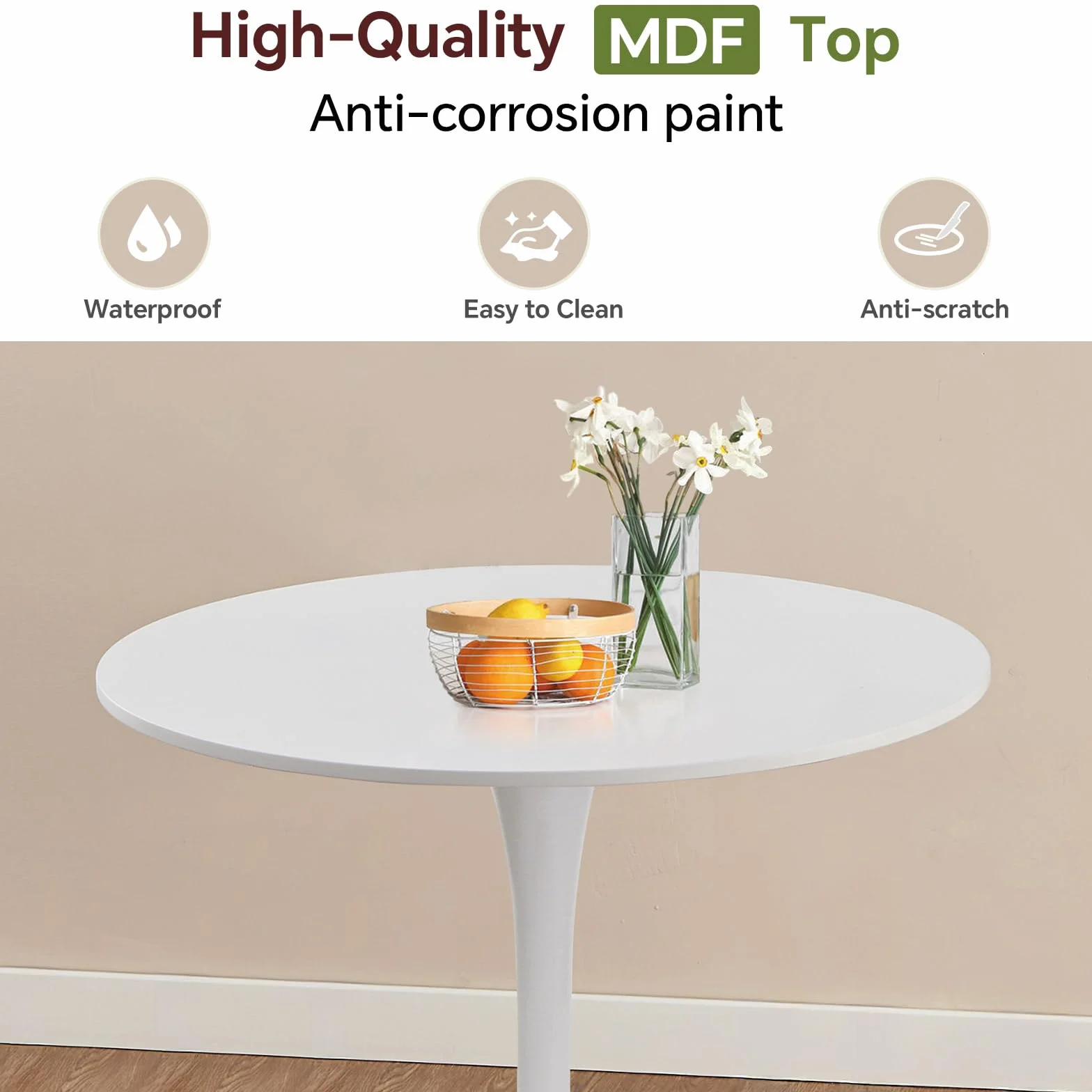 27.5" Tulip Round Dining Table with Metal Pedestal White | Mid-Century Modern Circle Table for 2-4 People for Small Kitchen Living Room, Cafe, Bistro