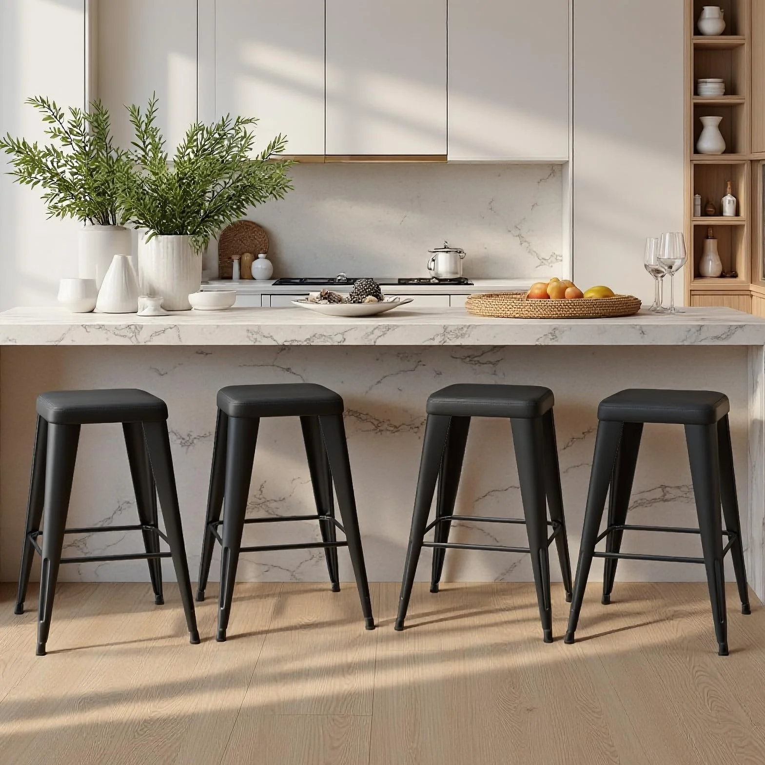 Bar Stools Set of 4, 24" Counter Height Bar Stools Backless, Upholstered Bar Stools with Metal Legs for Kitchen Island, Study Room, Cafe, Black