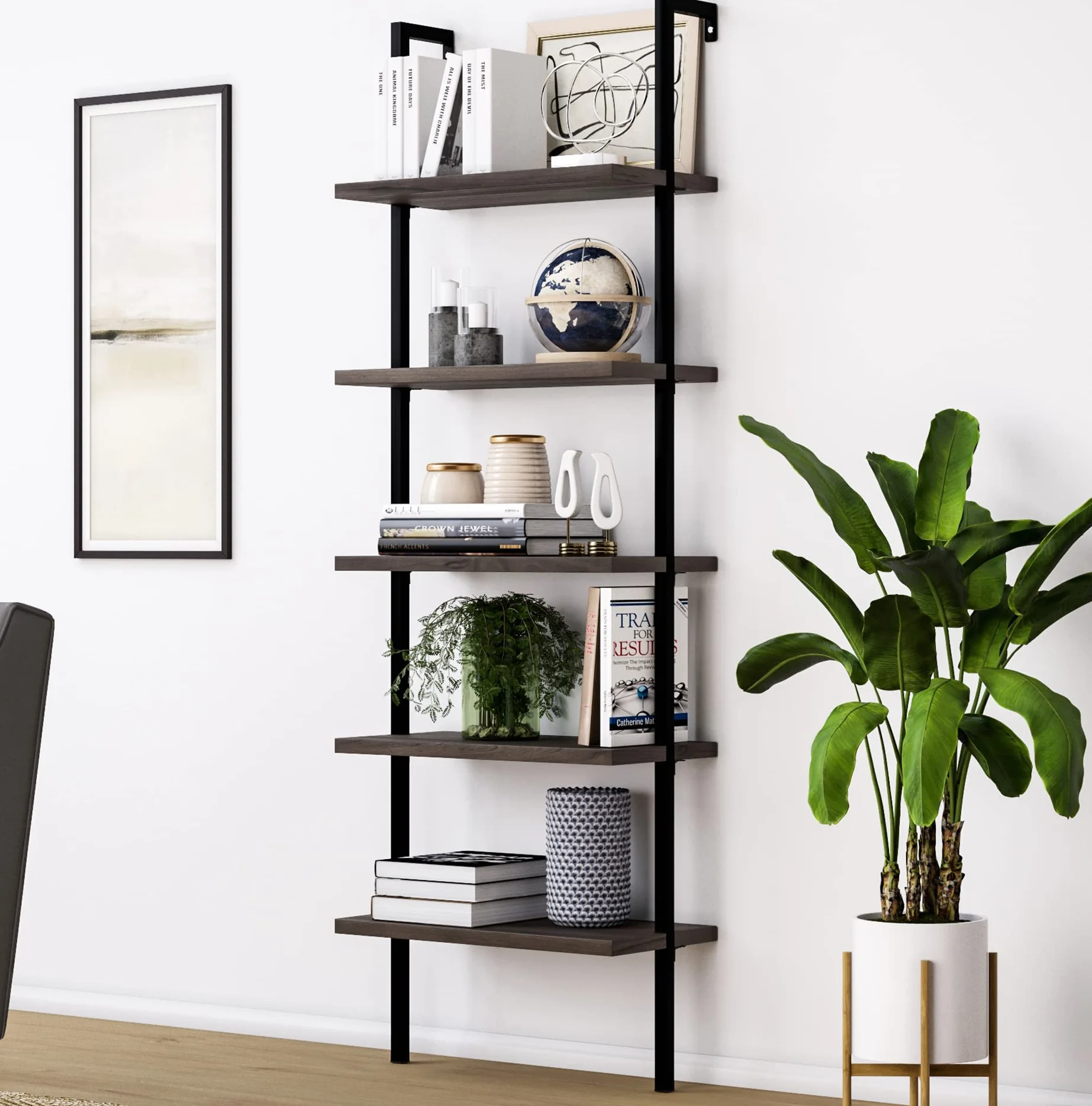 Nathan James Theo 5-Shelf Wood Modern Bookcase, Open Wall Mount Ladder Bookshelf with Industrial Metal Frame, Dark Brown Nutmeg/Black