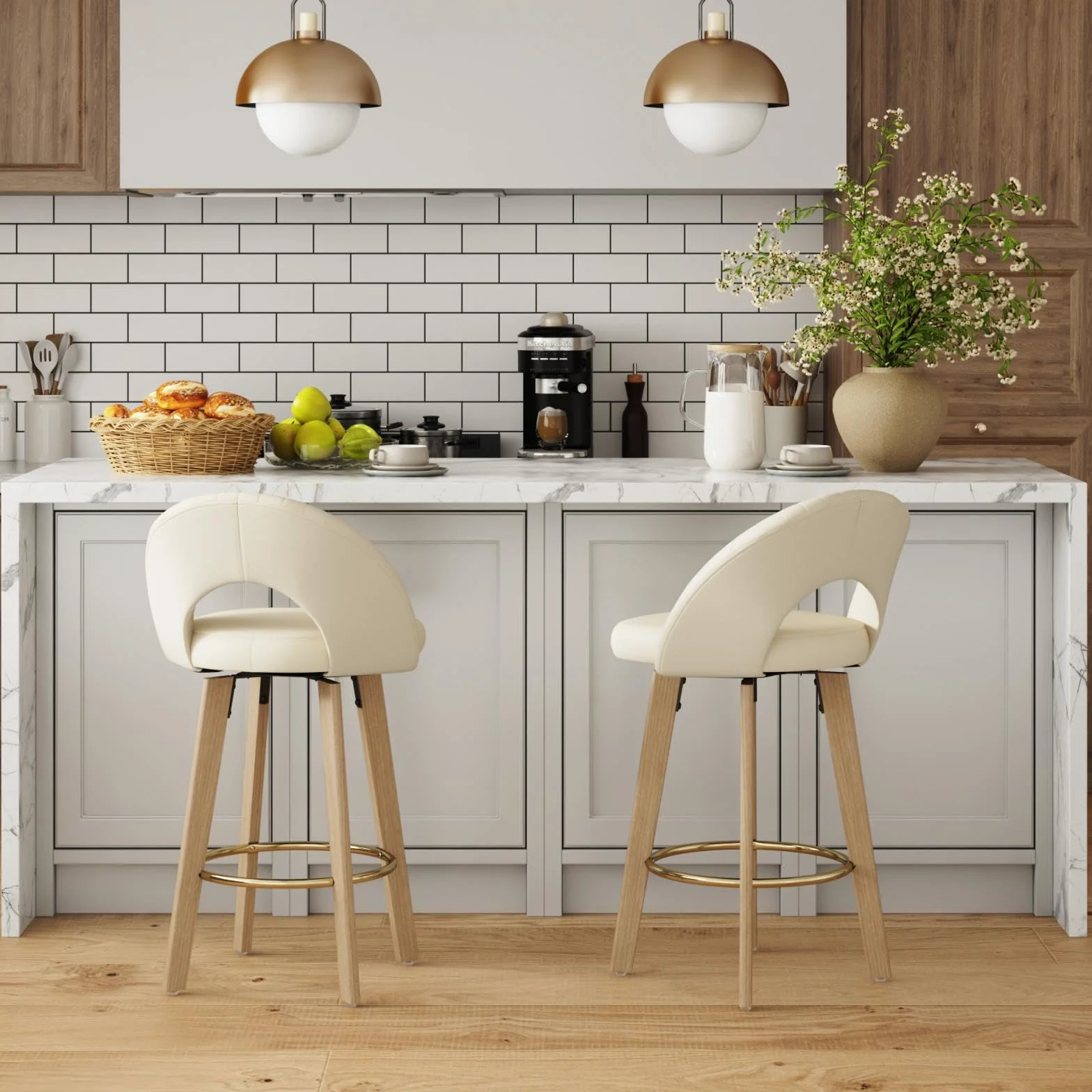Bar Stools Set of 2, Swivel Counter Height Bar Stools with Bentwood Legs,Metal Footrest,Mid Century Modern Faux Leather Upholstered Counter Stools for Kitchen Island, Bar, Restaurant-Beige