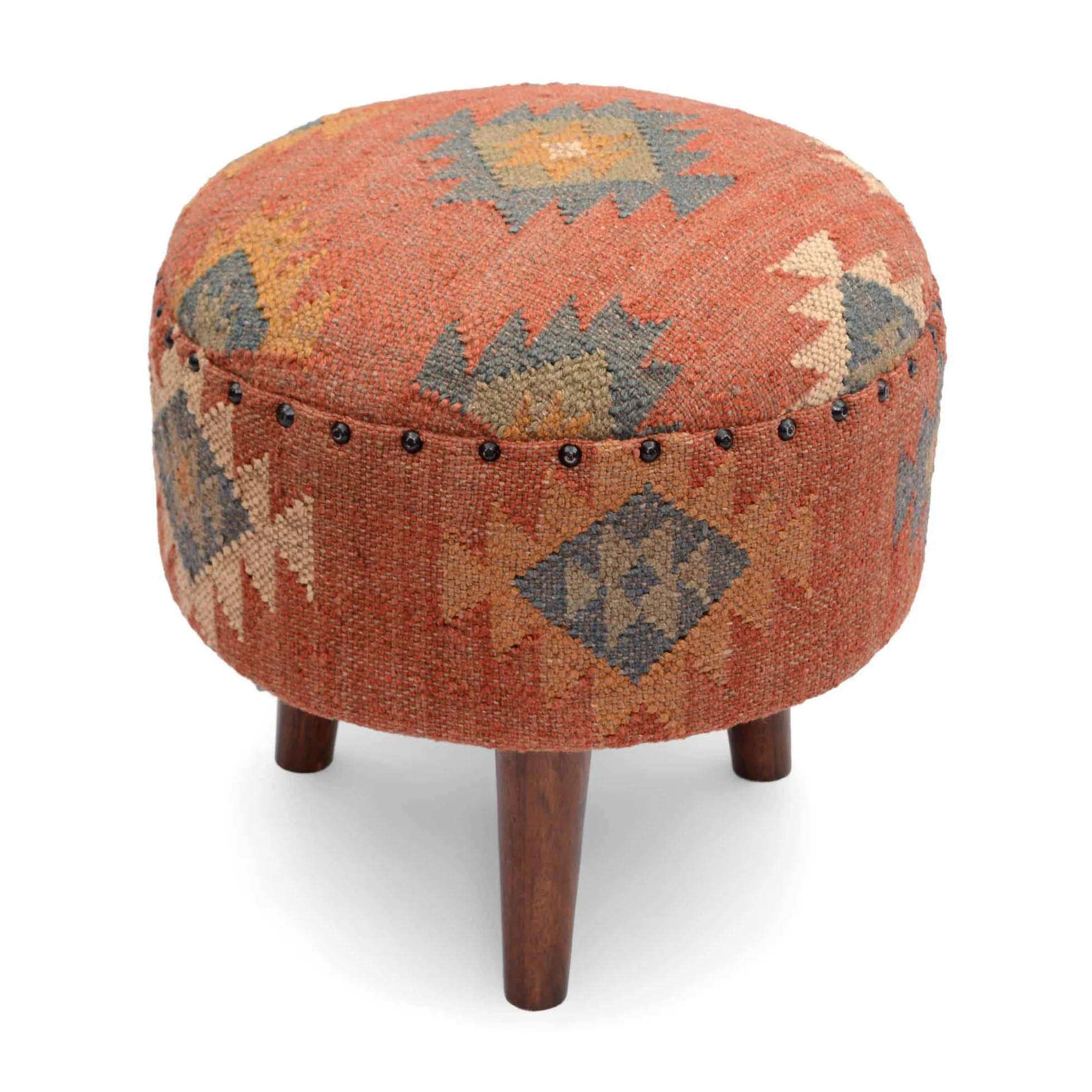 Handmade Kilim Jute Pouf Ottoman Stool | Round Upholstered Seating with Acacia Wood Legs | Decorative Foot Rest for Living Room, Bedroom, Reading Room & Lounge (Red)