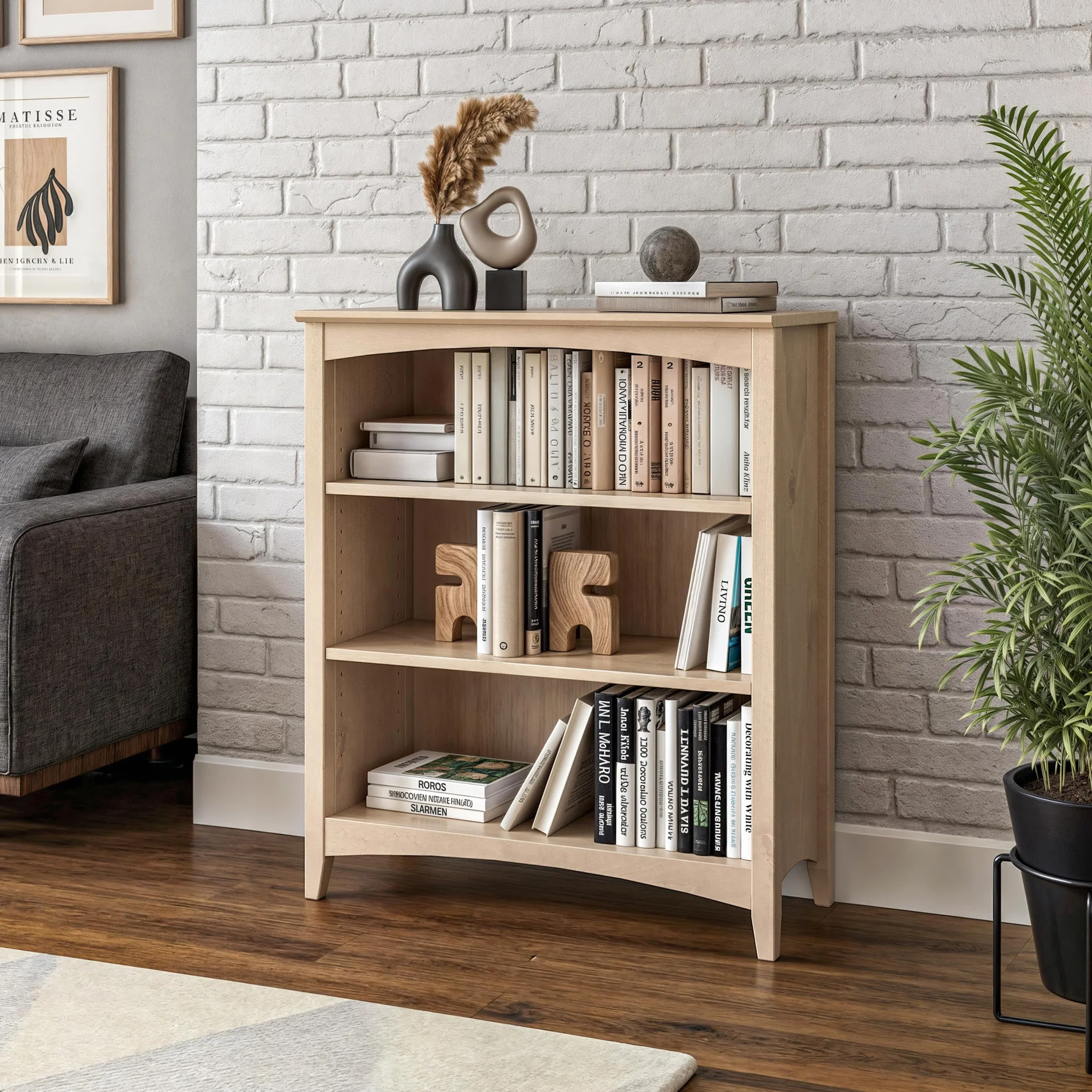 Camaflexi Shaker Style 3 Shelf Bookcase/Solid Wood / 36" High/Adjustable Shelving/Closed Back/Display Bookshelf for Living Room, Bedroom, Home and Office, Light Oak