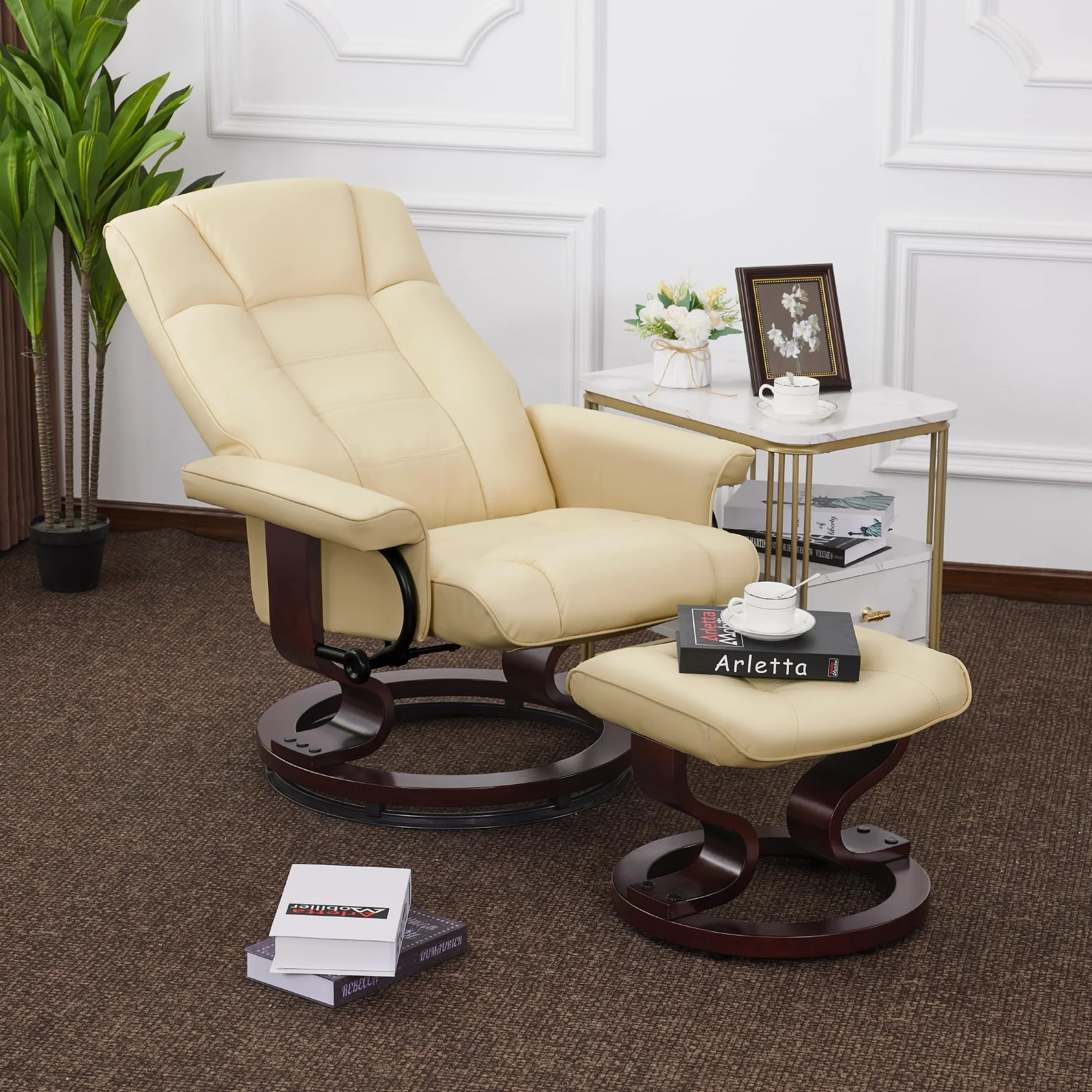 MCombo Manual Swivel Recliner with Ottoman, Chair Ottoman Set for RV Small Spaces, Living Room, Bedroom, Office 9019 4919 (Faux Leather, Cream White)