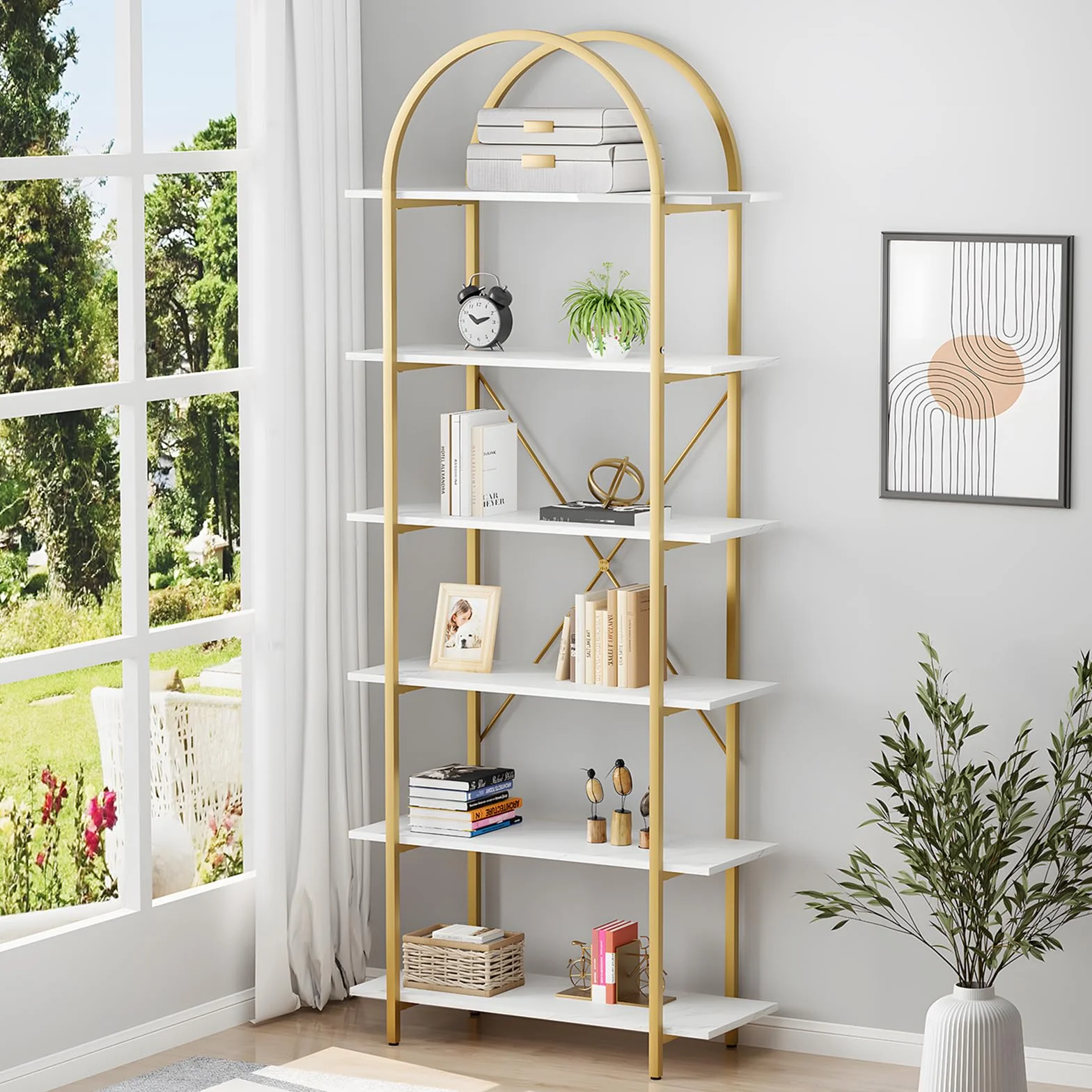 Arbuxzuy 6 Tier Bookshelf, 83" Tall Arched Bookcase, Tall Book Shelf with Metal Frame, Modern Display Standing Shelf for Living Room, Home Office, Bedroom, Gold