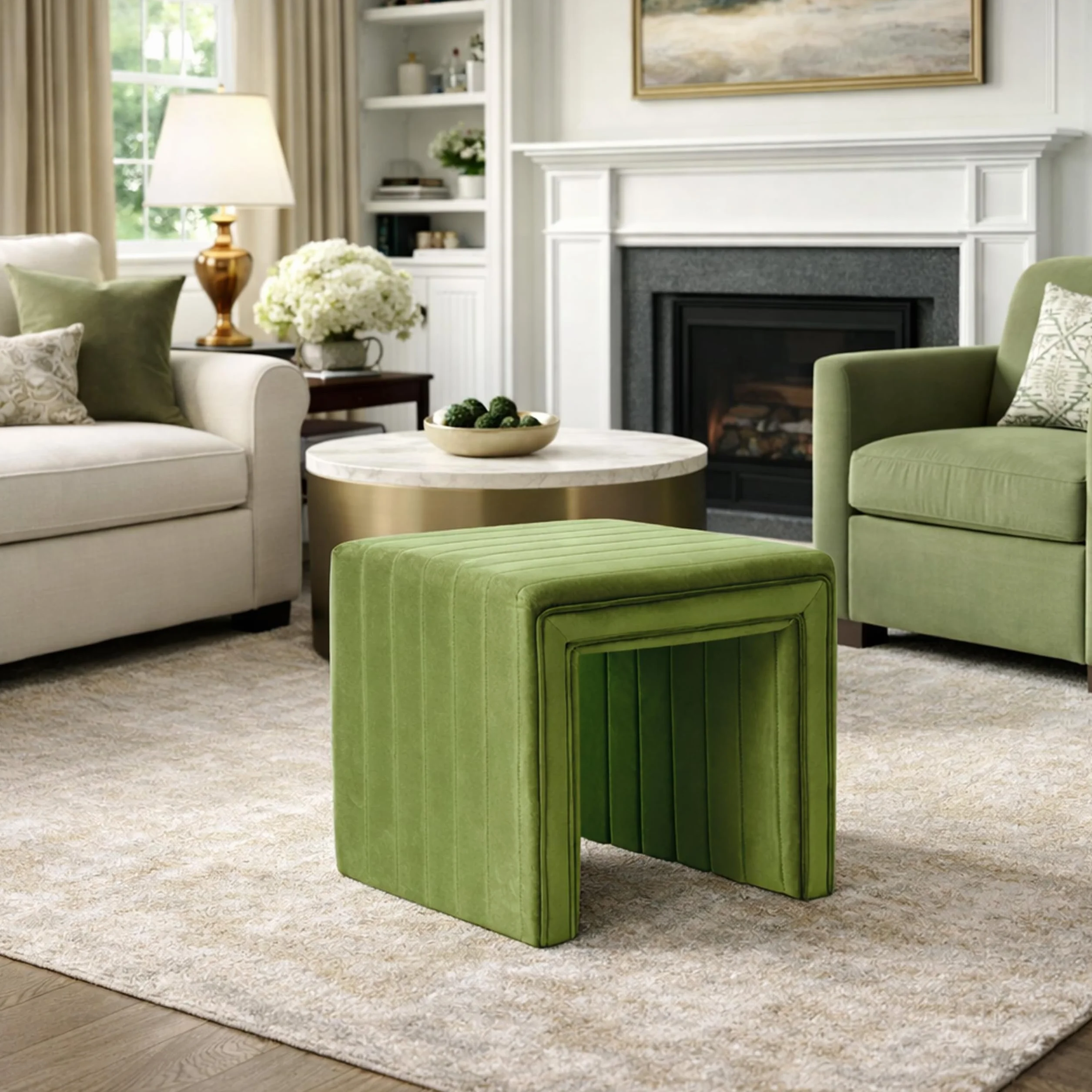 Spatial Order 19" Modern Channel Tufted Velvet Ottoman - Green