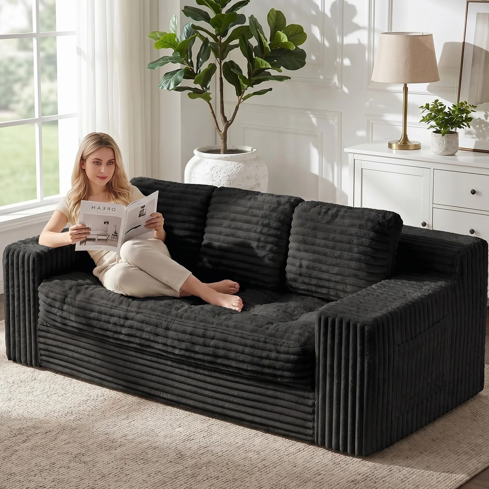 Boneless Couch, Cloud Loveseat Sofa Corduroy Couch in a Box, Upholstered Boneless 3 Seater Couch for Living Room Bedroom Office Apartment, No Assembly Required, Black