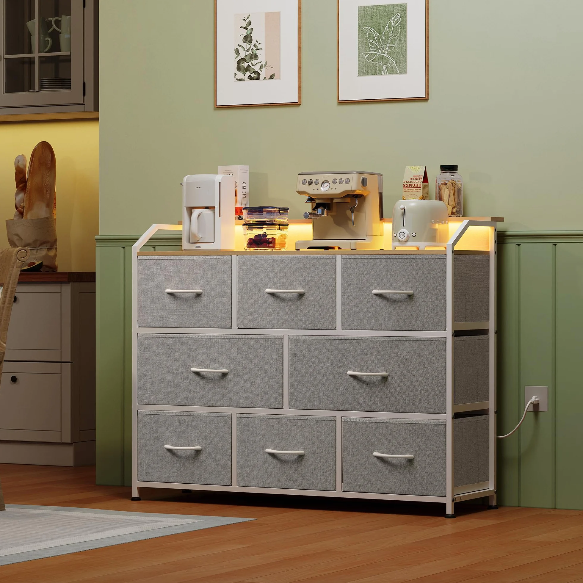 WLIVE Dresser for Bedroom, 8 Drawer LED Dresser with Outlet, Light Grey | 8 roomy fabric drawers, LED ambient lighting, Built-in power outlet, Bedroom or living room, Chest of drawers