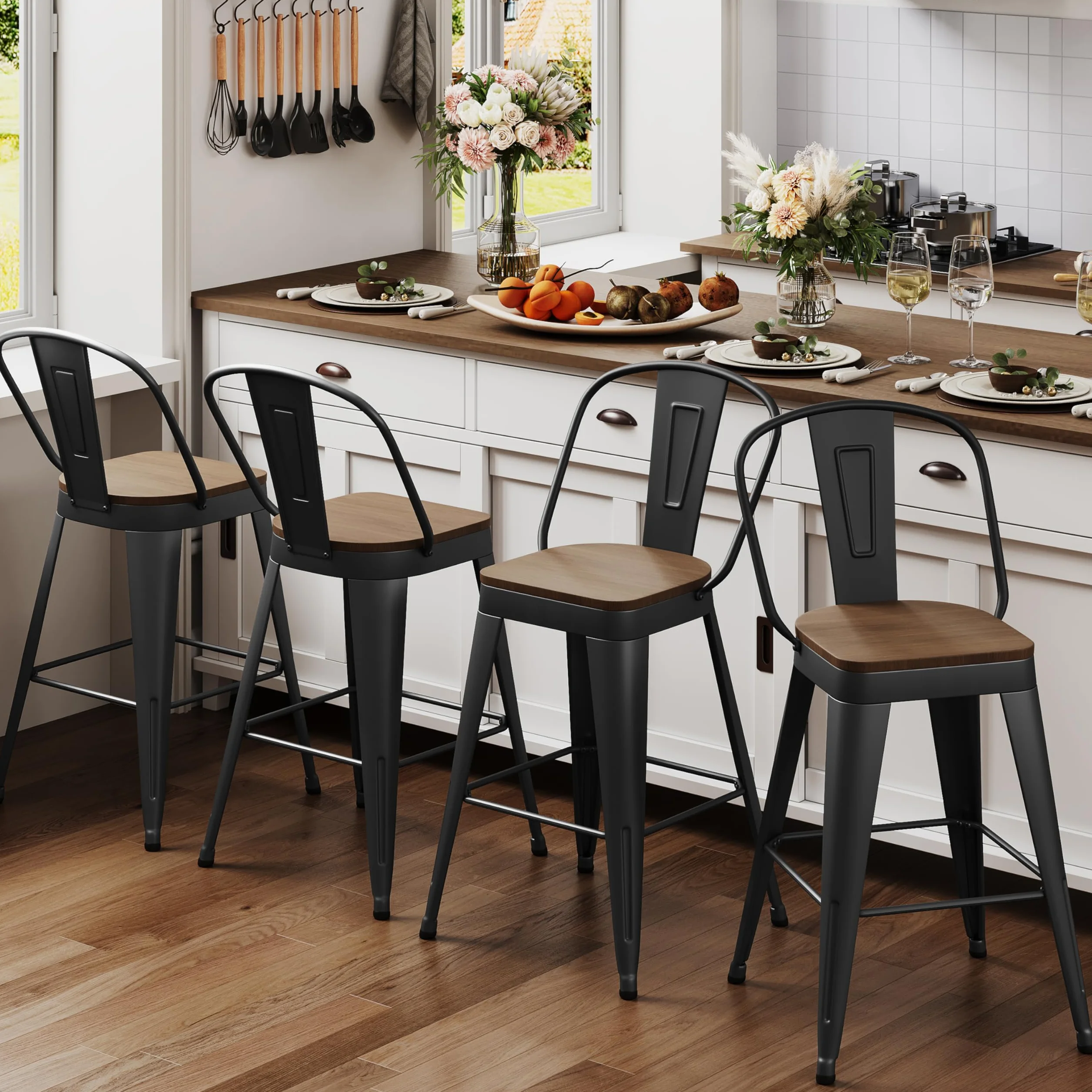 ALISH 24 Inch Bar Stools Set of 4, Industrial Counter Height Barstools High Back Metal Bar Stools with Large Wood Seat Bar Chairs for Kitchen Island (24 Inch Set of 4, Black)
