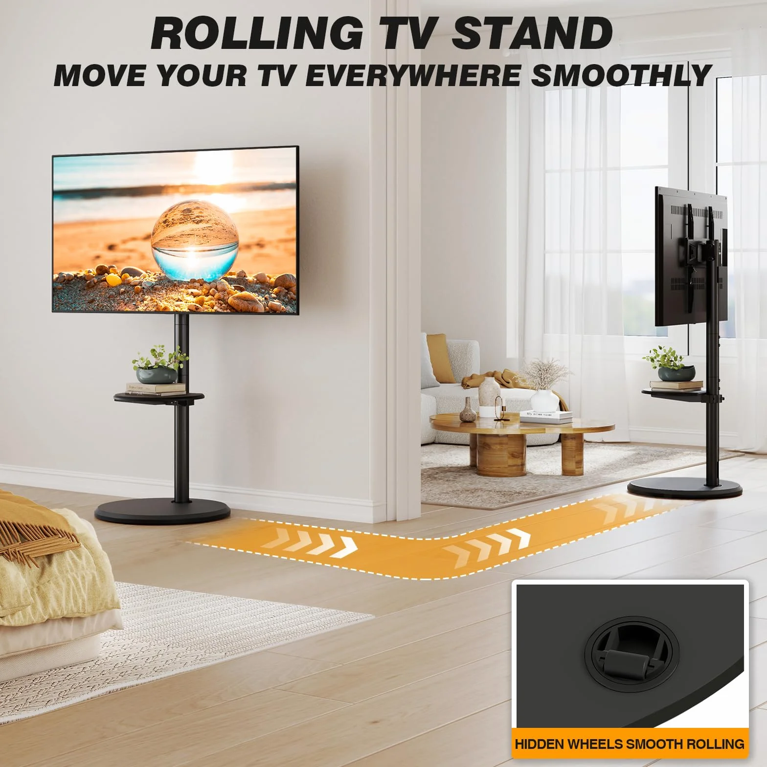 5Rcom Rolling Mobile TV Stand for 32-65 Inch Flat Screen TVs | Height Adjustable Tilt TV Cart with Storage Shelf, Holds 88lbs, Black for Bedroom Living Room Office