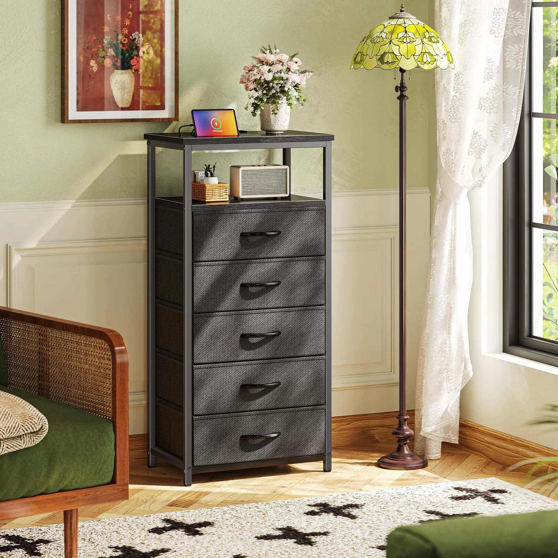 Huuger 5 Drawers Dresser with Charging Station, Dresser for Bedroom, Tall Night Stand, Chest of Drawers with Open Shelf, Bedside Table Nightstand, Fabric Storage Drawers, for Entryway, Black